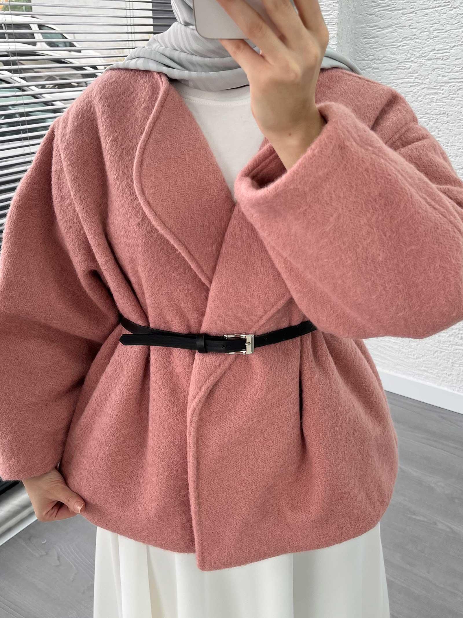 Pembe Kısa Oversize Kaşe Kaban