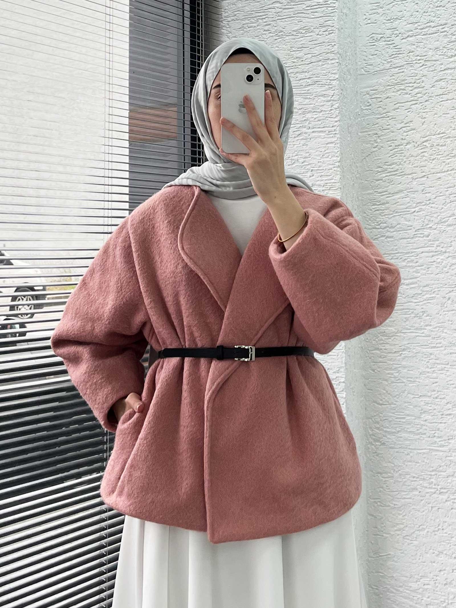Pembe Kısa Oversize Kaşe Kaban