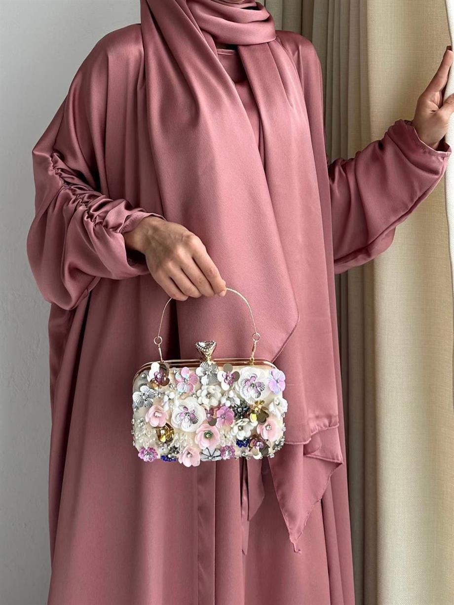 Pembe Kol Büzgü Abaya Takım