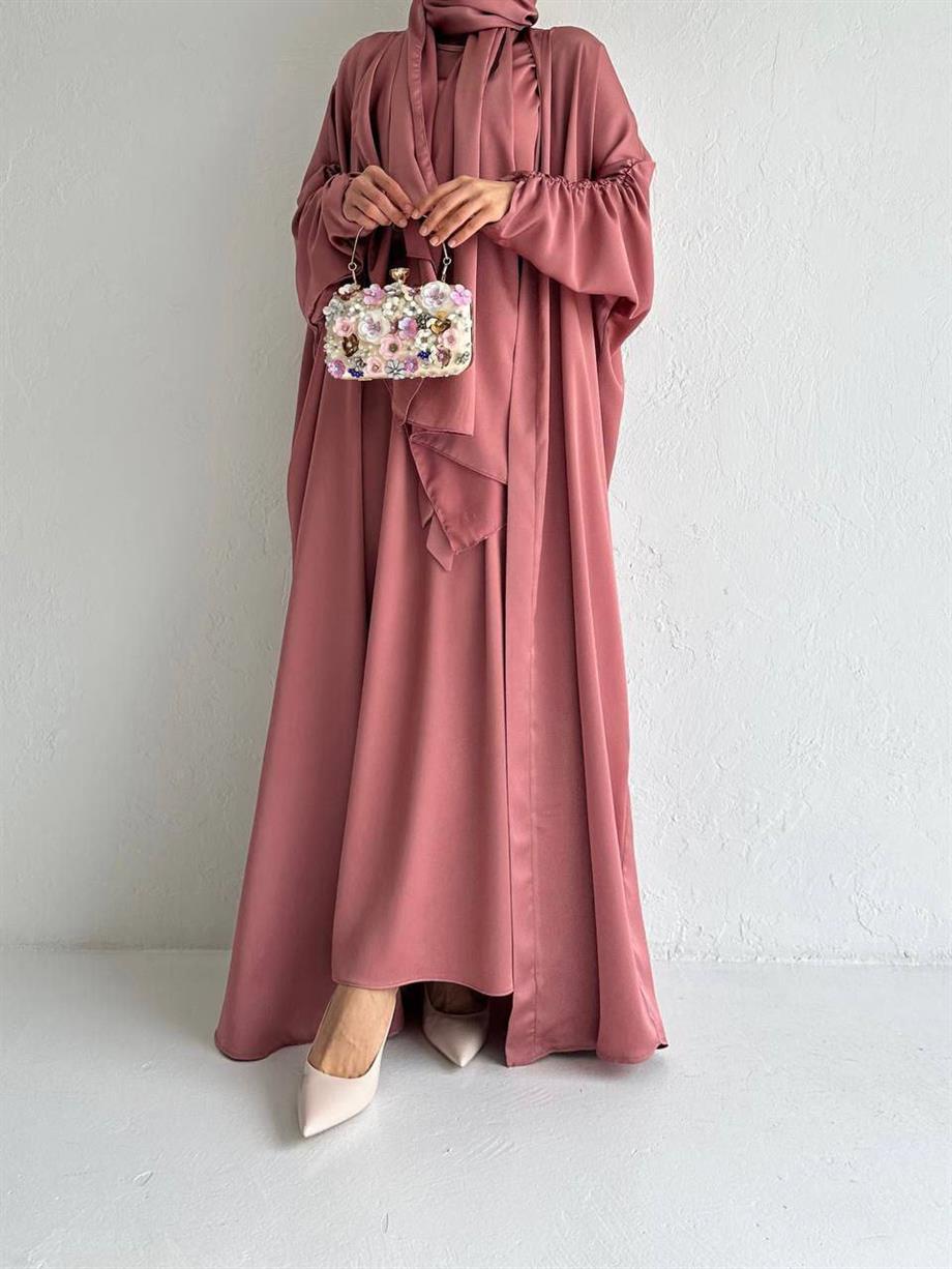 Pembe Kol Büzgü Abaya Takım