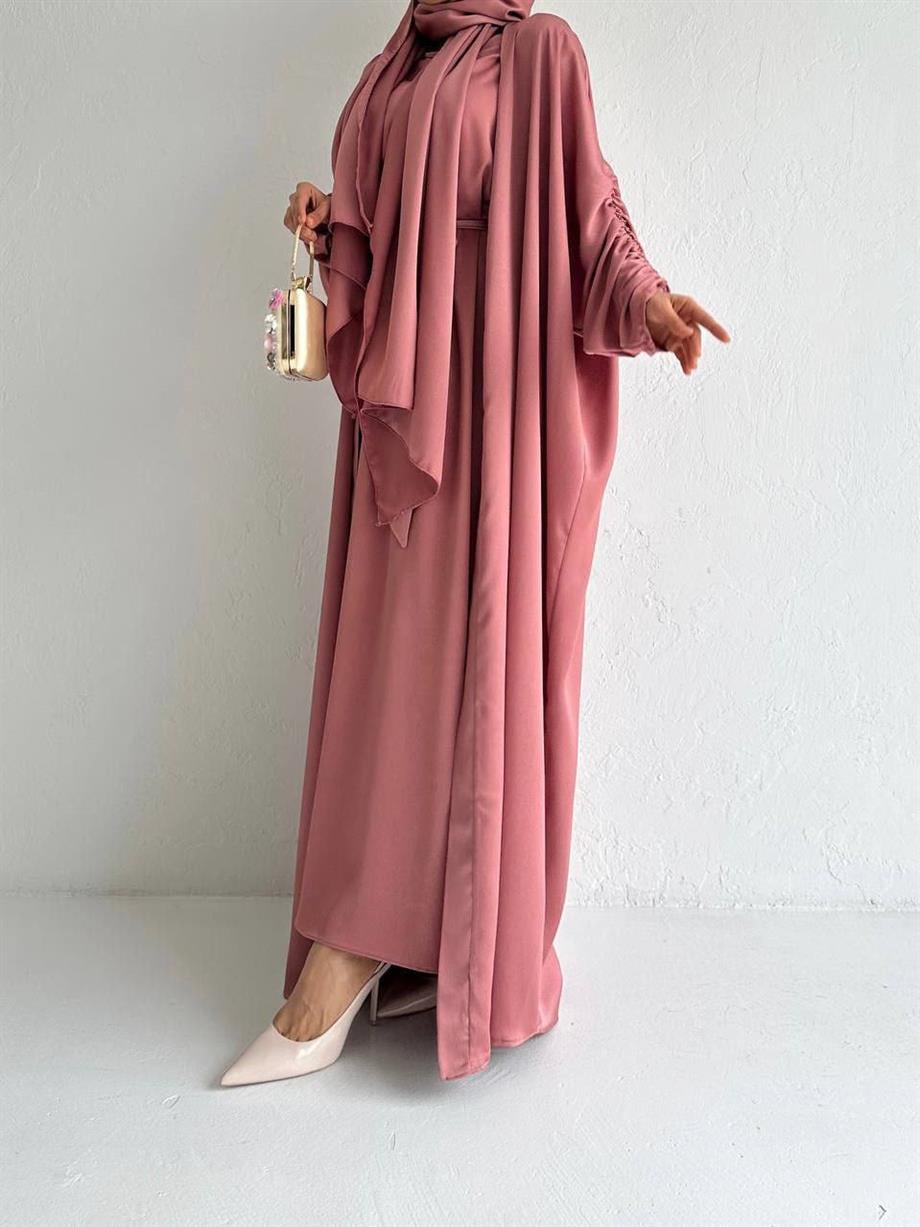 Pembe Kol Büzgü Abaya Takım