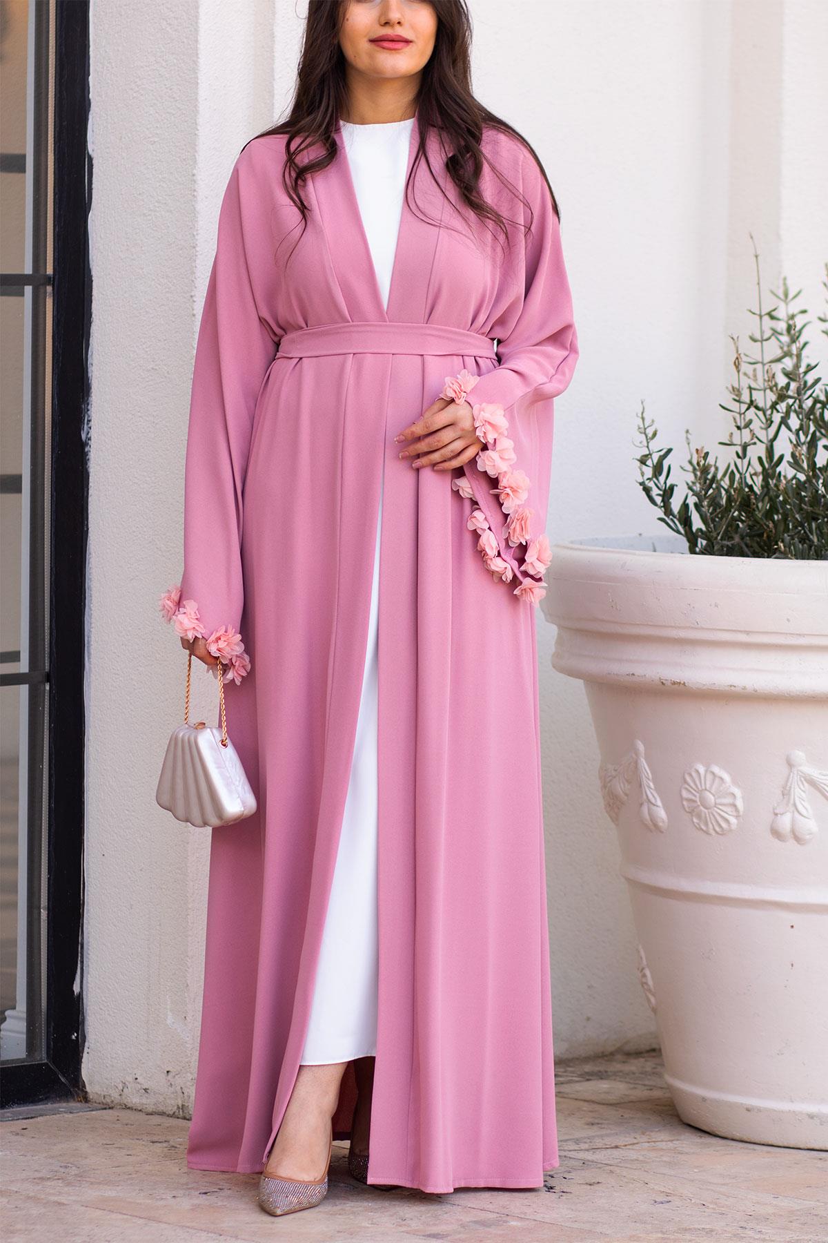 Pembe Kolu Çiçek Detaylı Zahra Abaya