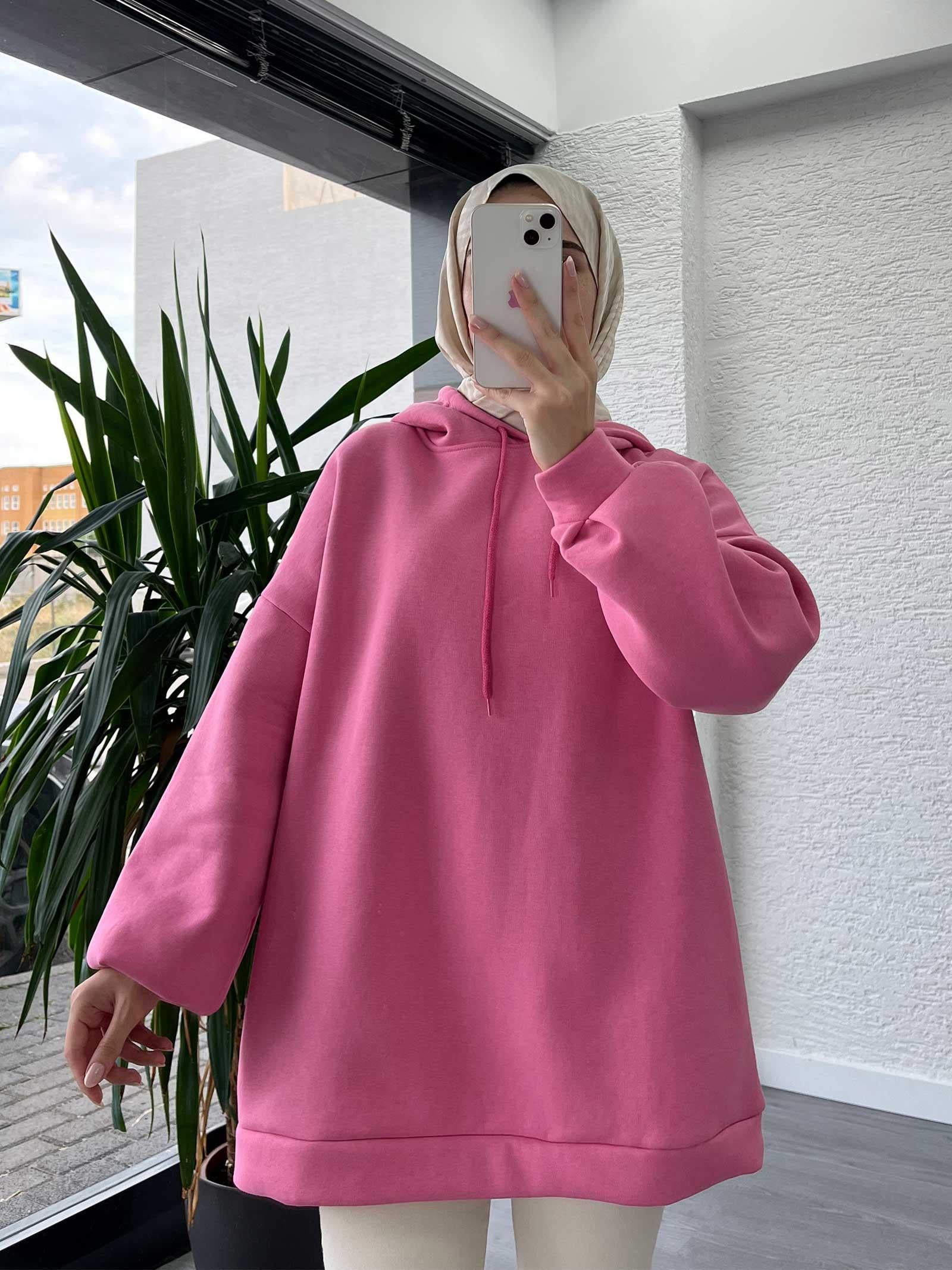 Pembe Oversize Kapüşonlu Sweat