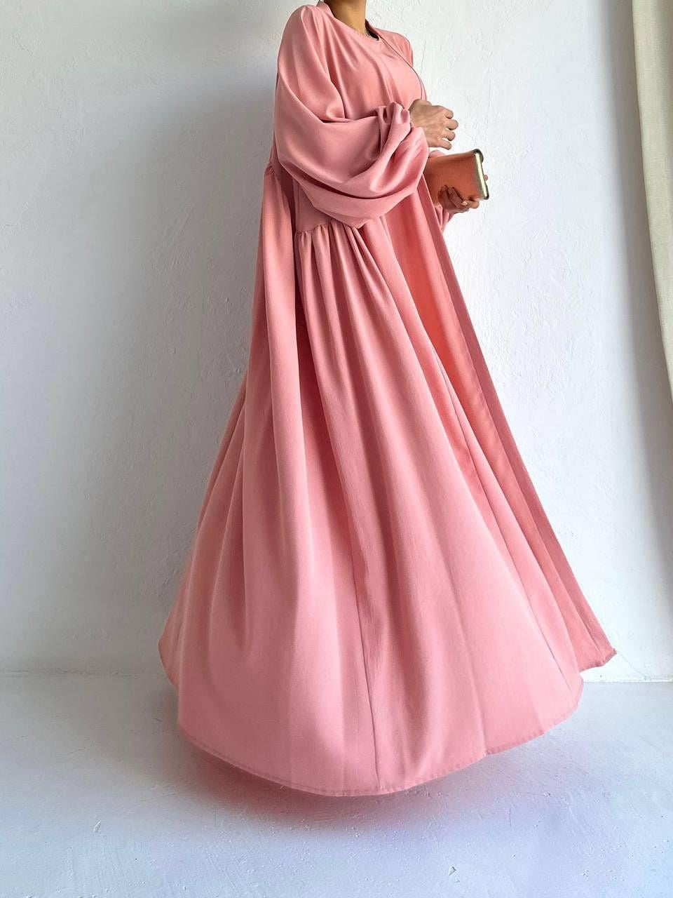 Pembe Yanları Büzgülü Abaya Takım