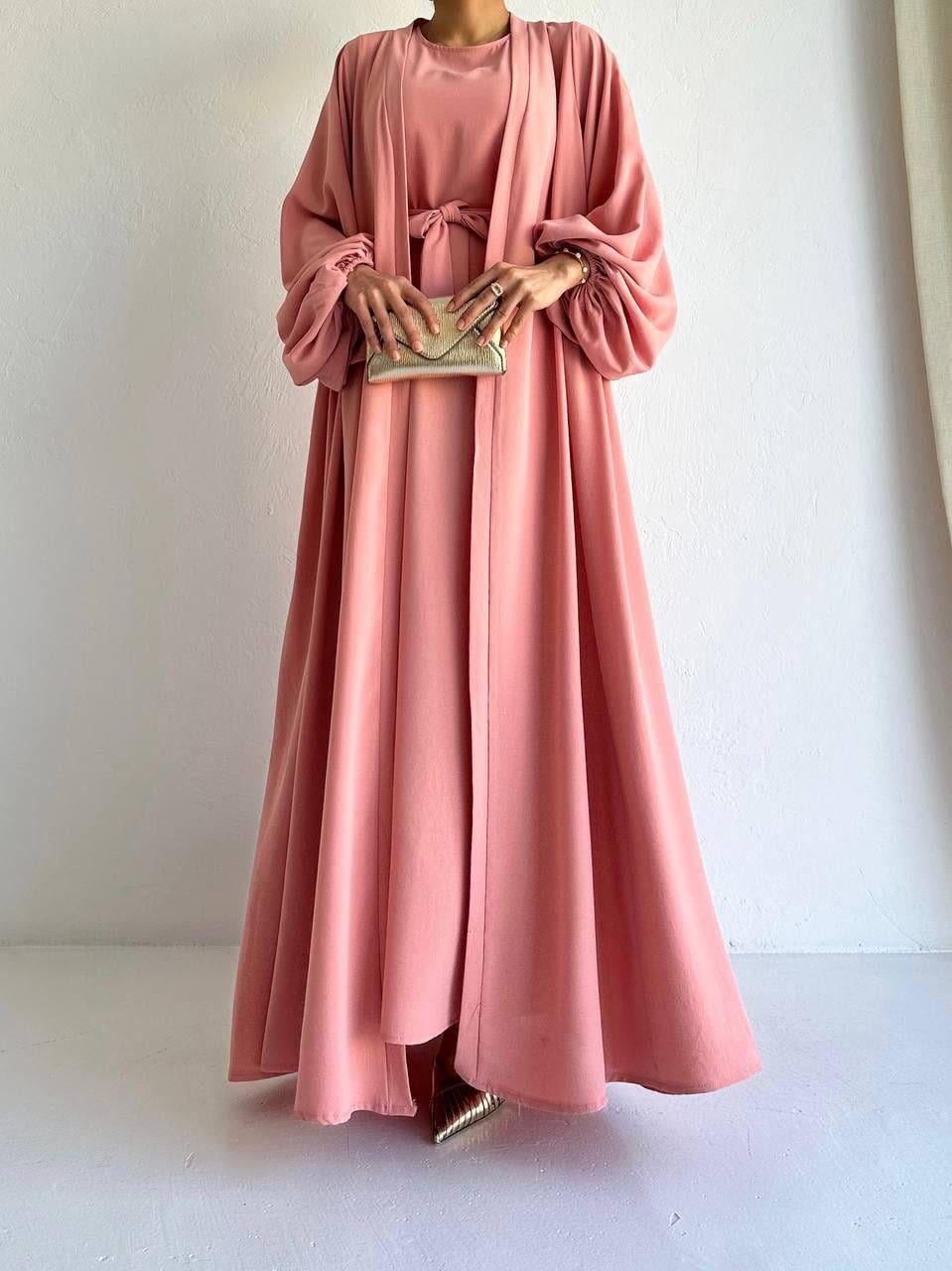 Pembe Yanları Büzgülü Abaya Takım