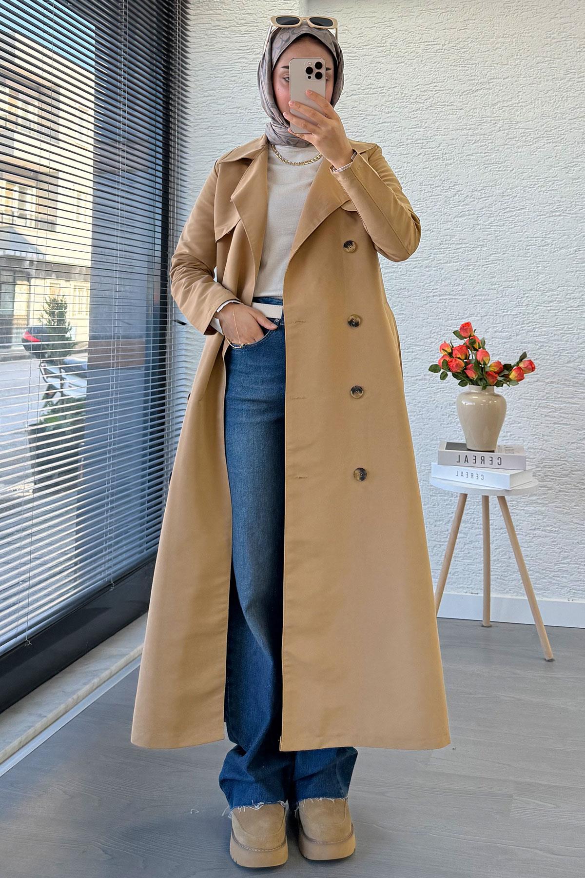 Pera Kadın Cotton Kemerli Düğmeli Trençkot - Camel