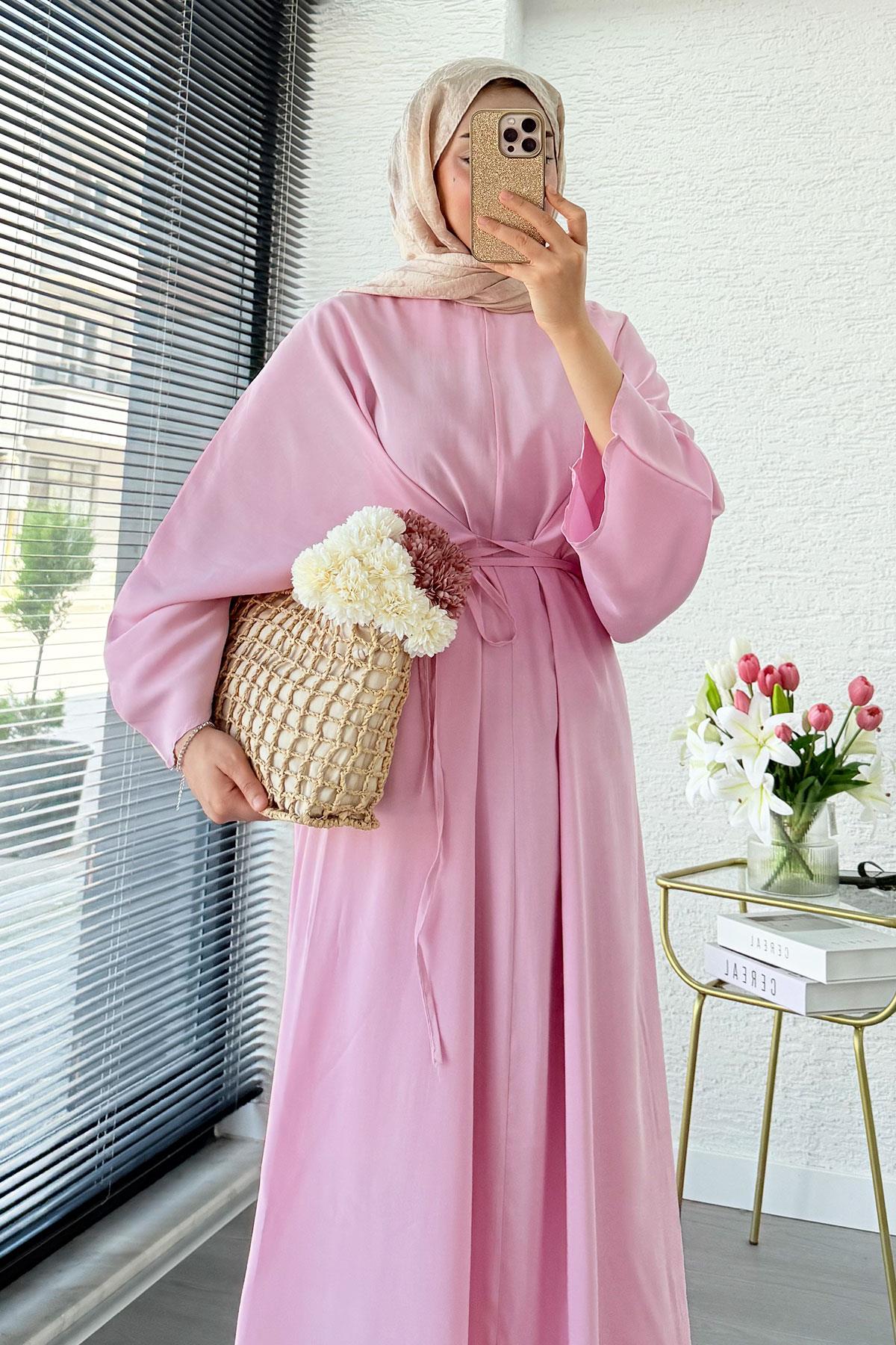 Pinterent Belden Bağlama Detay Yarasa Kol Elbise - Pembe
