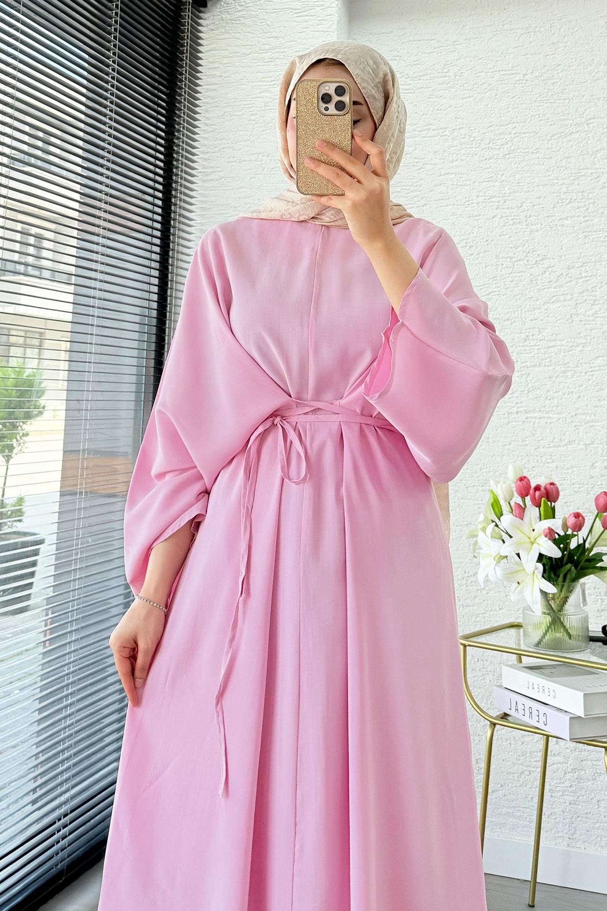 Pinterent Belden Bağlama Detay Yarasa Kol Elbise - Pembe