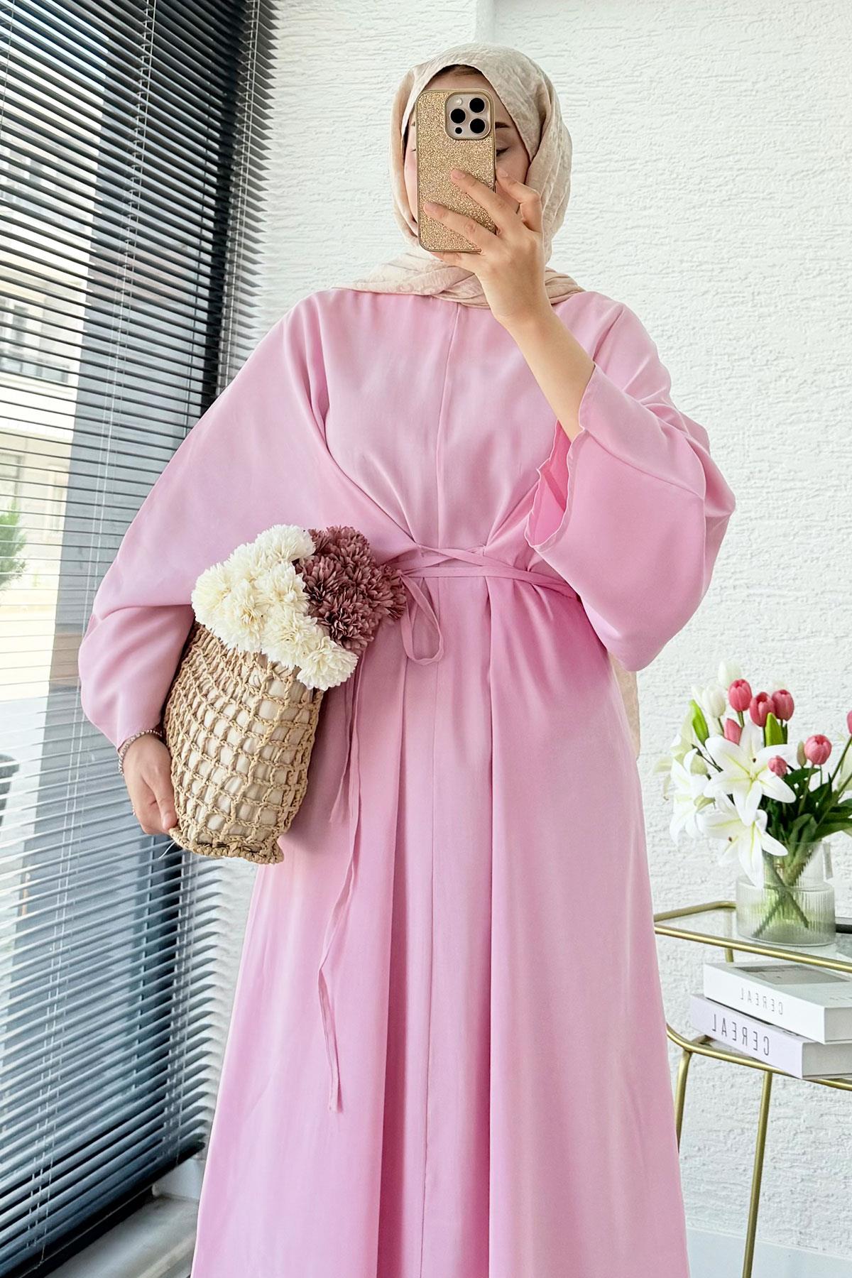Pinterent Belden Bağlama Detay Yarasa Kol Elbise - Pembe