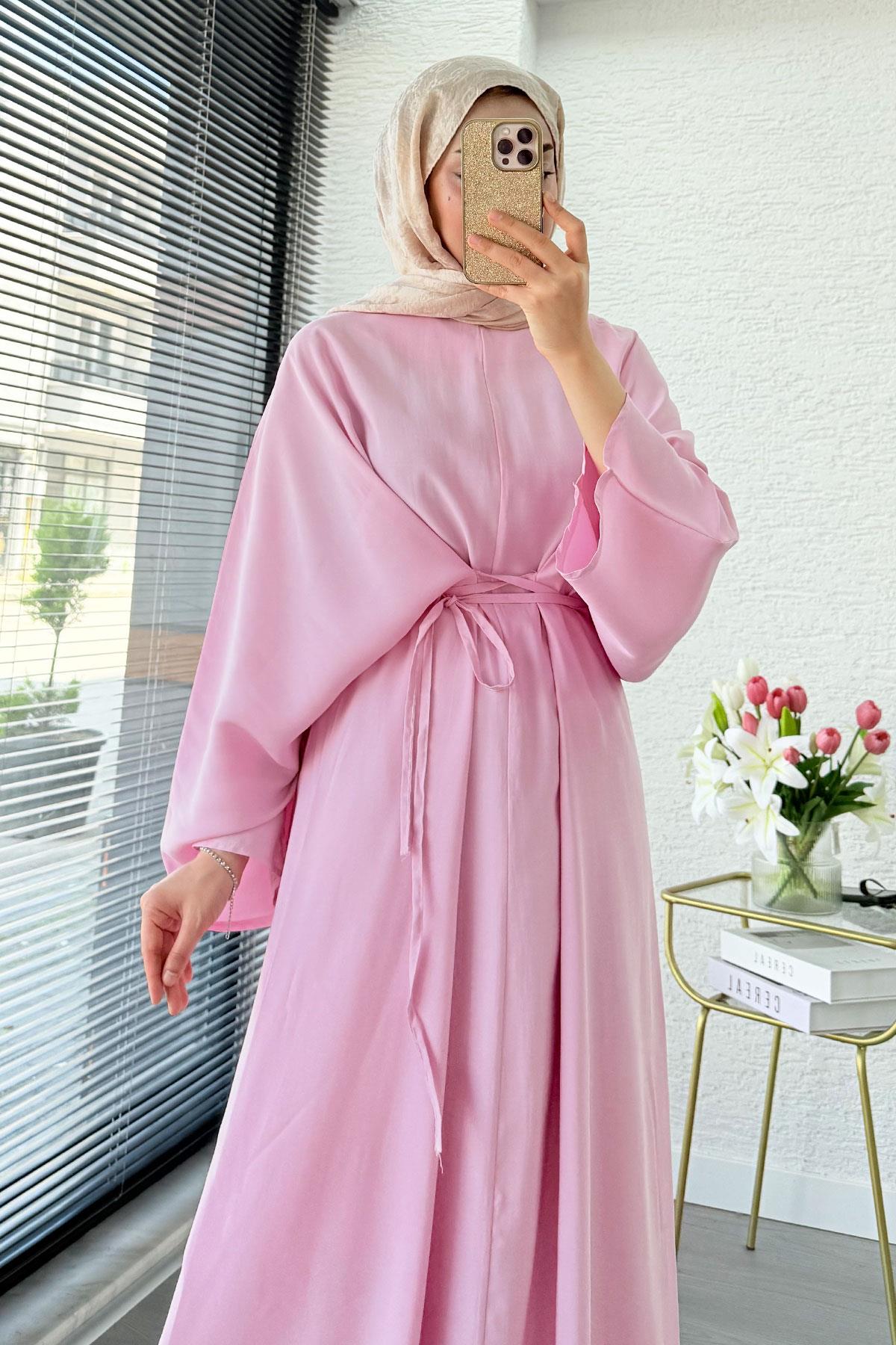 Pinterent Belden Bağlama Detay Yarasa Kol Elbise - Pembe
