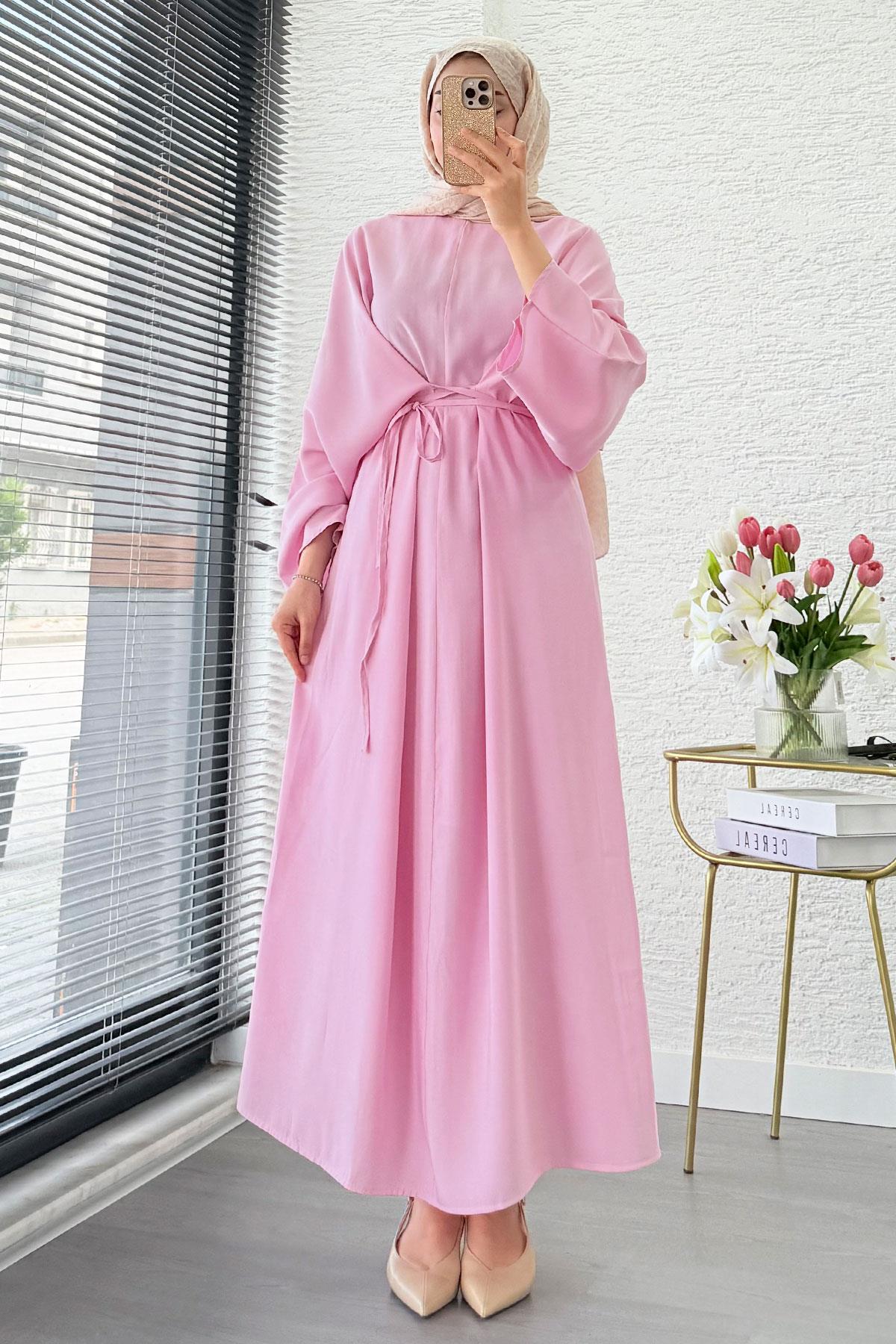 Pinterent Belden Bağlama Detay Yarasa Kol Elbise - Pembe
