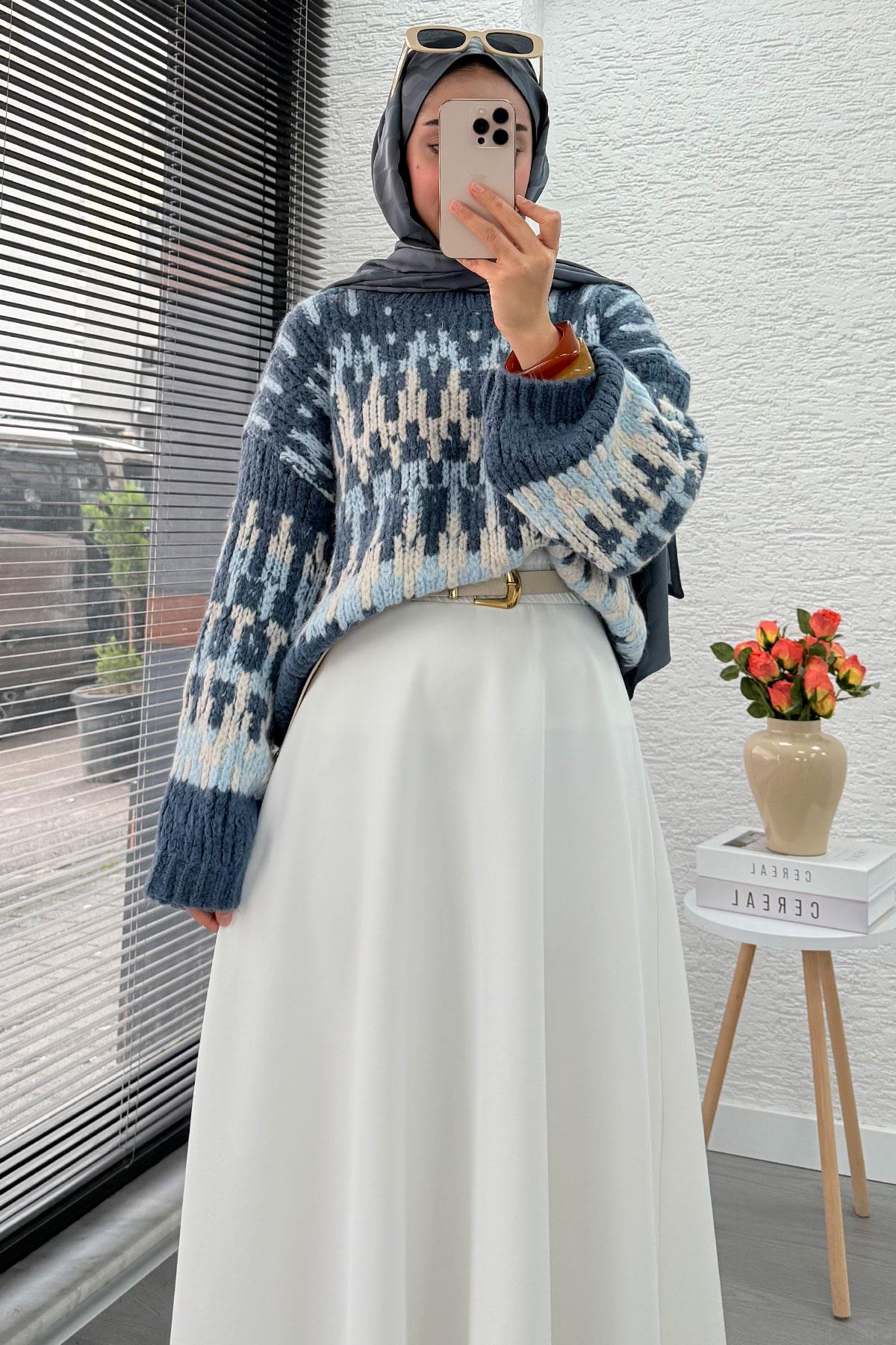 Pinterest Model Balon Kol Kısa Triko Kazak -İndigo