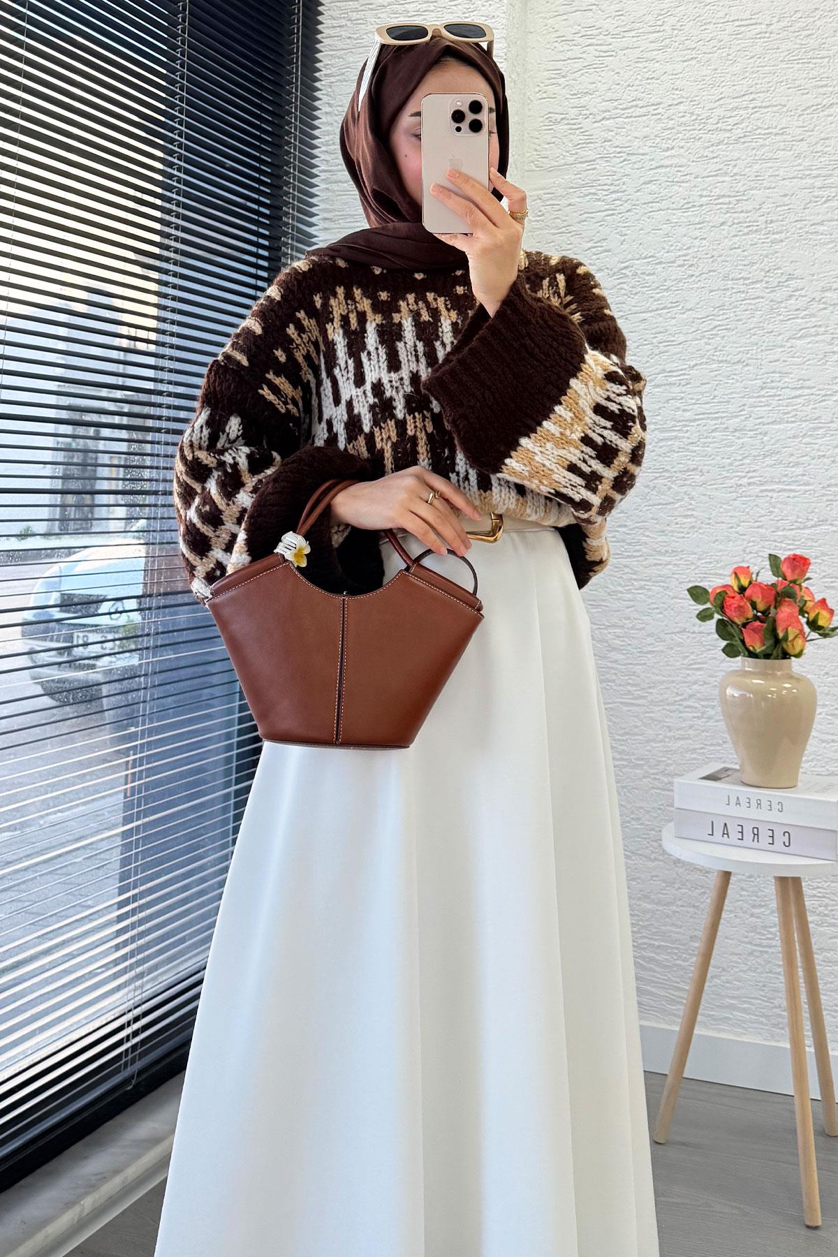 Pinterest Model Balon Kol Kısa Triko Kazak -Kahverengi