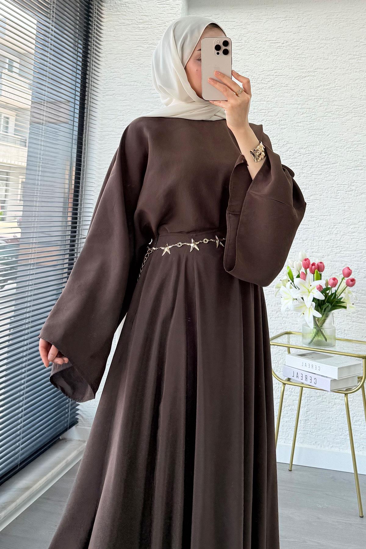 Pinterest Yarasa Kol Flare Etekli Takım – Kahverengi