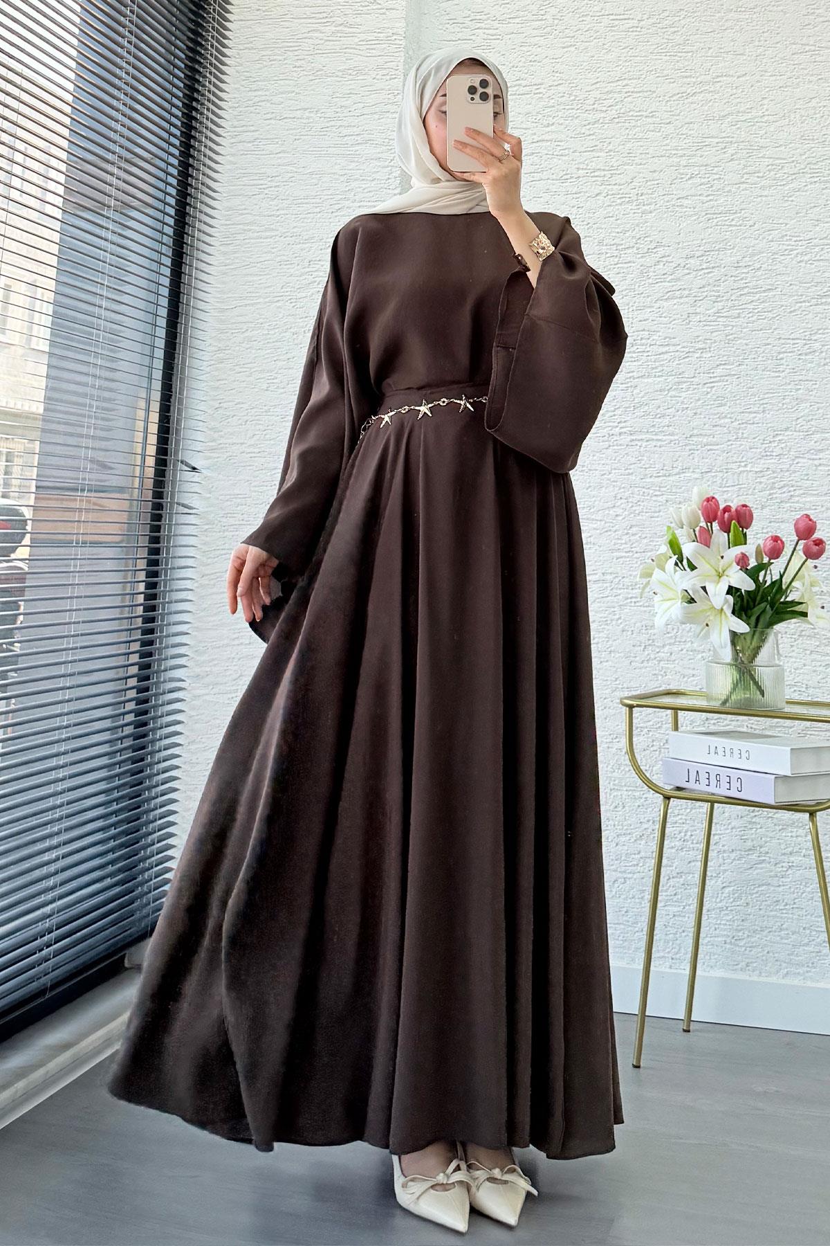 Pinterest Yarasa Kol Flare Etekli Takım – Kahverengi