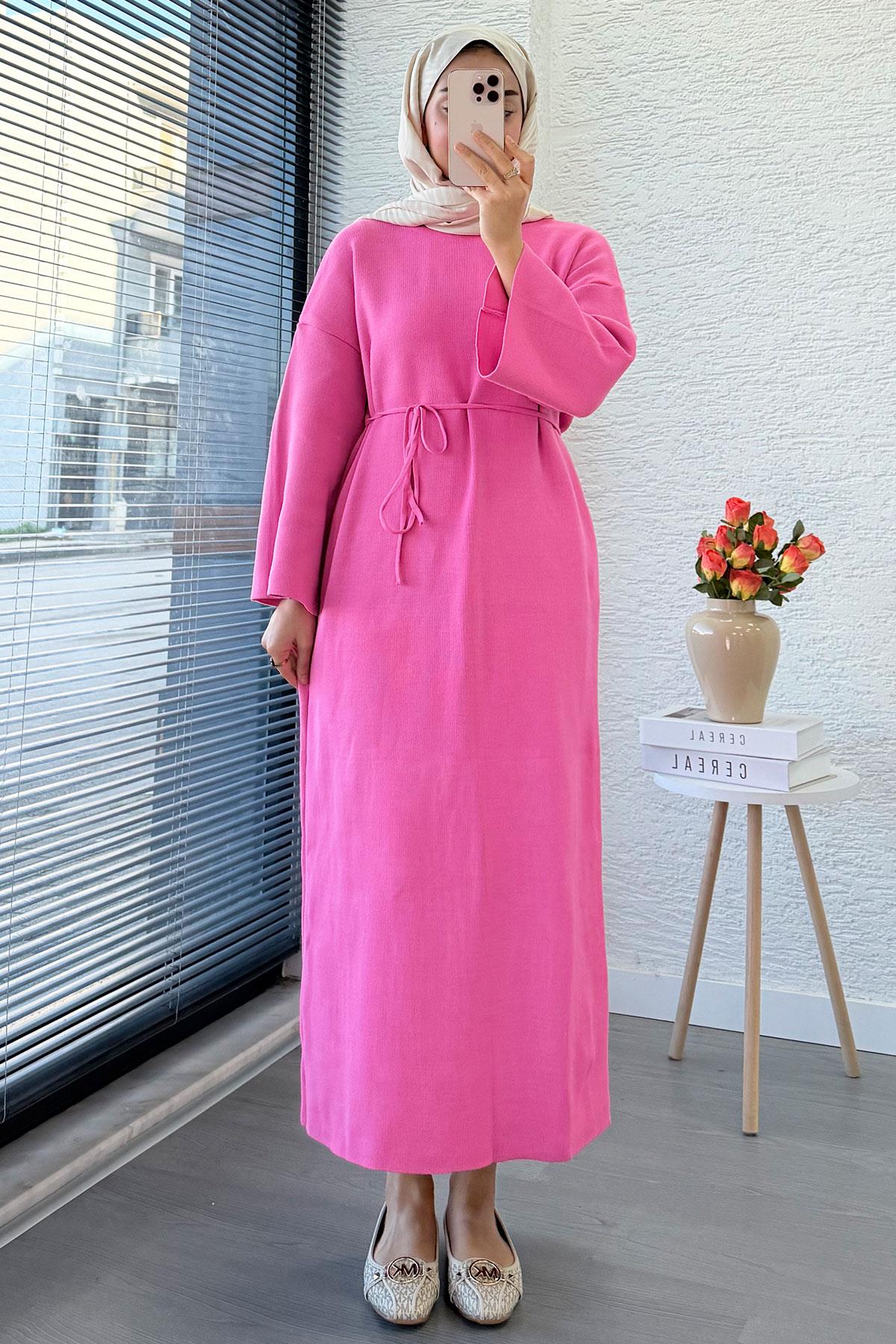 Premium Amore Çelik Örme Kuşaklı Triko Elbise - Pembe