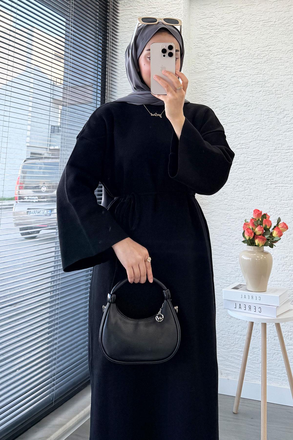 Premium Amore Çelik Örme Kuşaklı Triko Elbise - Siyah
