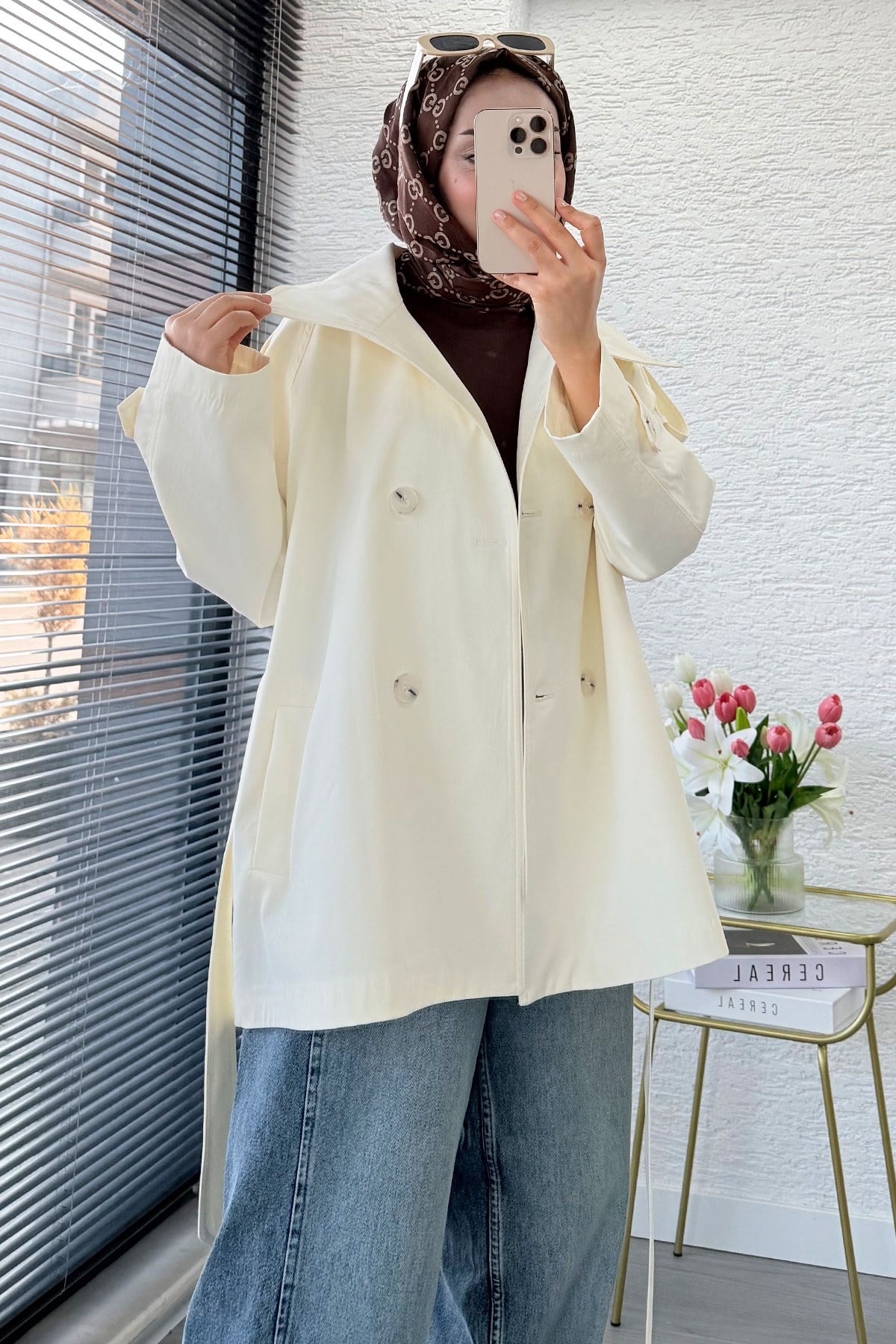 Premıum Arkası Rüzgarlık Detaylı Kuşaklı Trençkot - Ekru