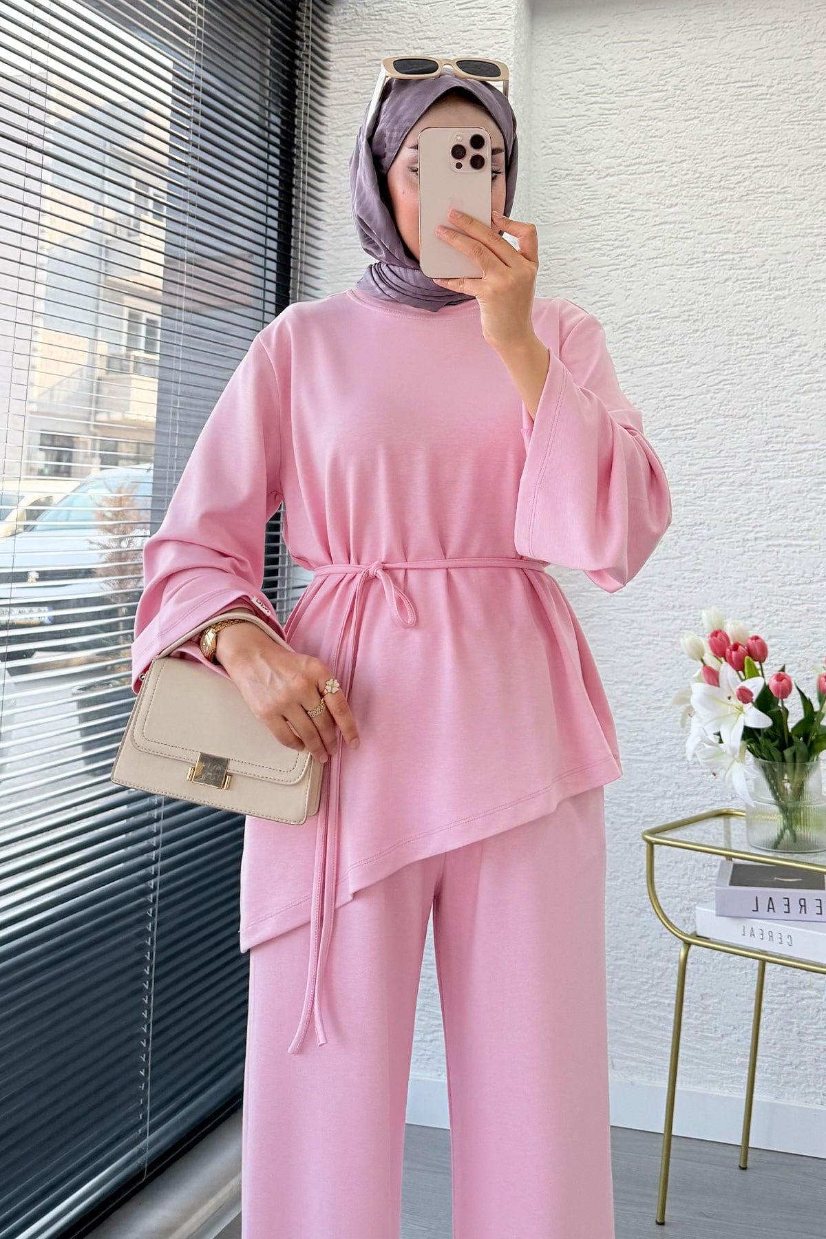 Premıum Asimetrik Kesim Double Face Takım - Pembe