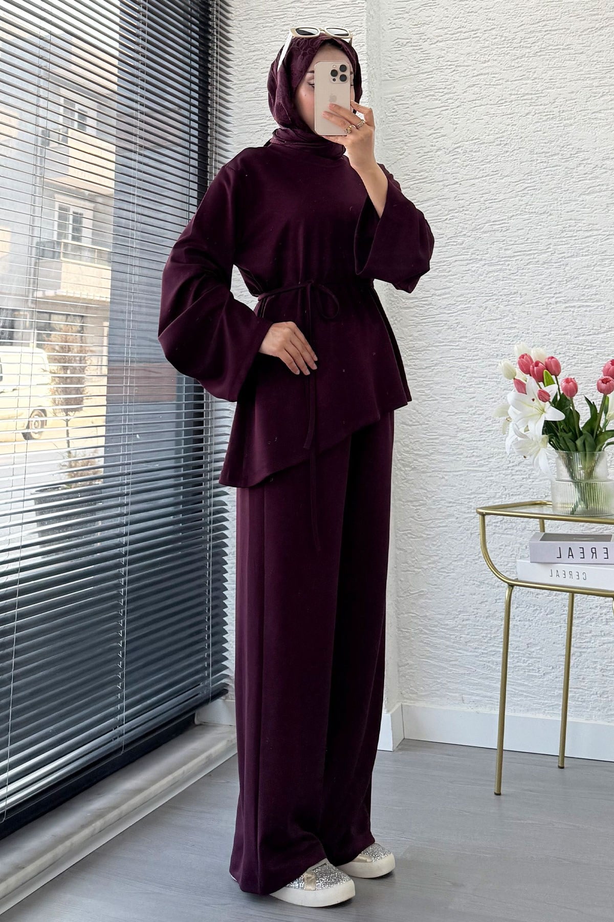 Premıum Asimetrik Kesim Double Face Takım - Mürdüm