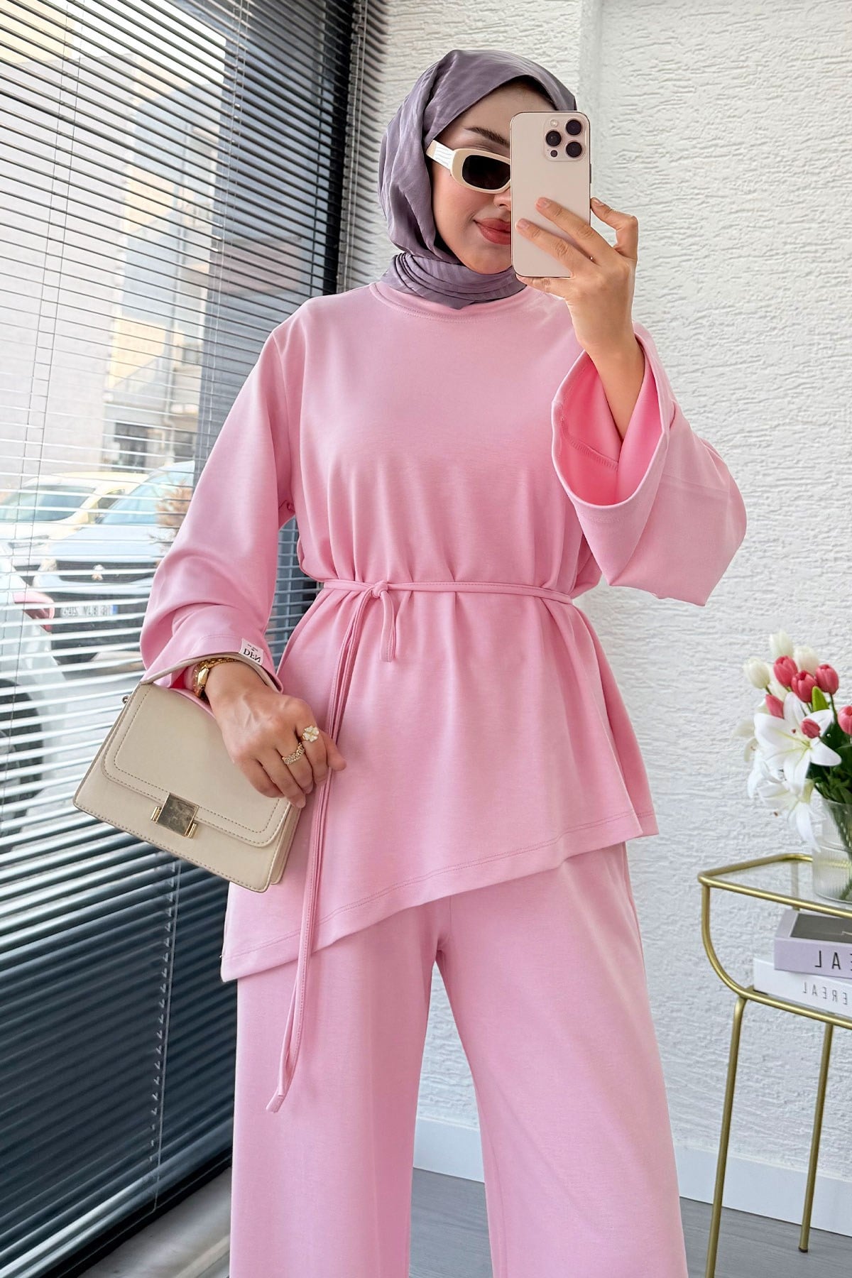 Premıum Asimetrik Kesim Double Face Takım - Pembe