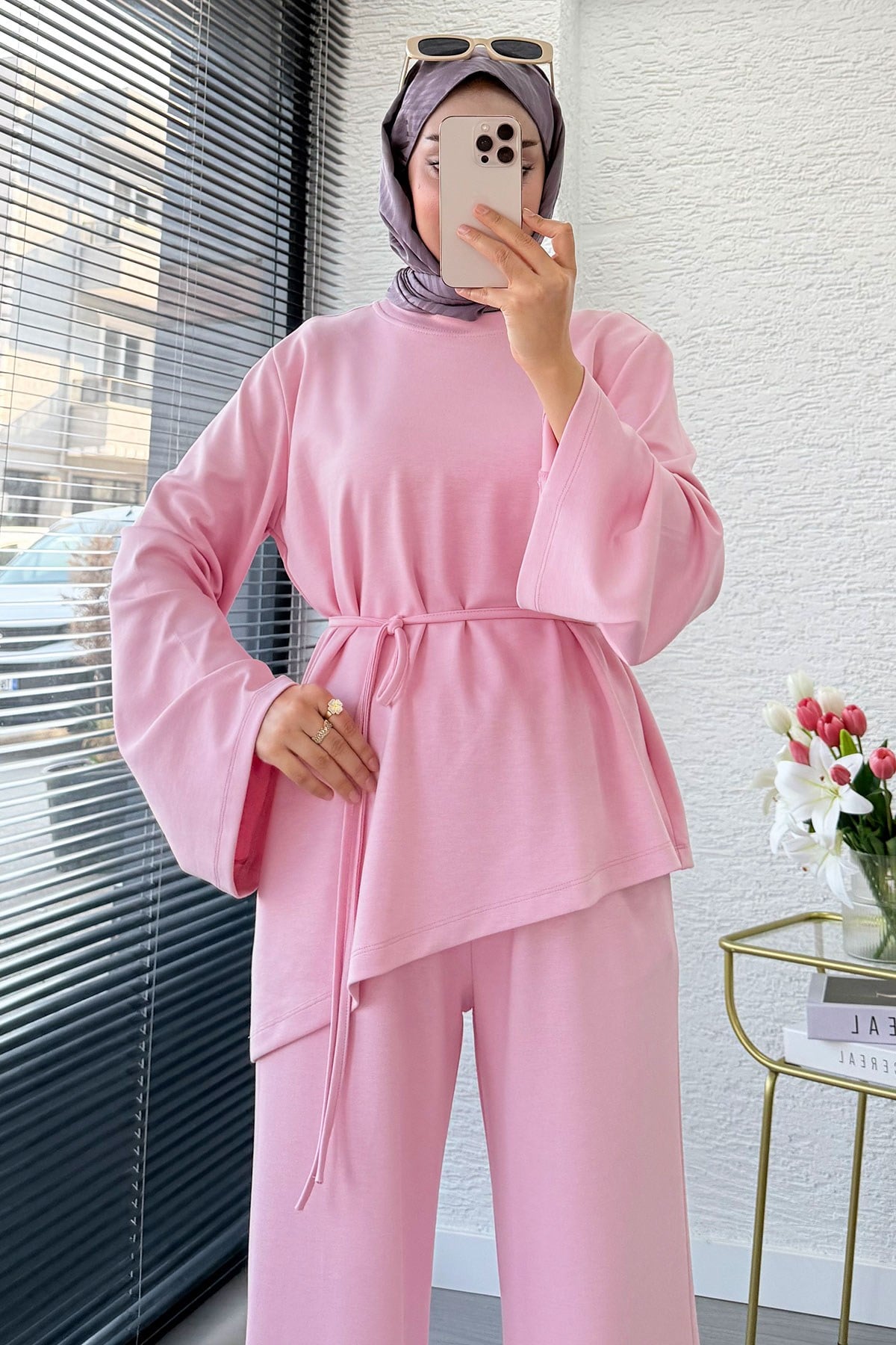Premıum Asimetrik Kesim Double Face Takım - Pembe