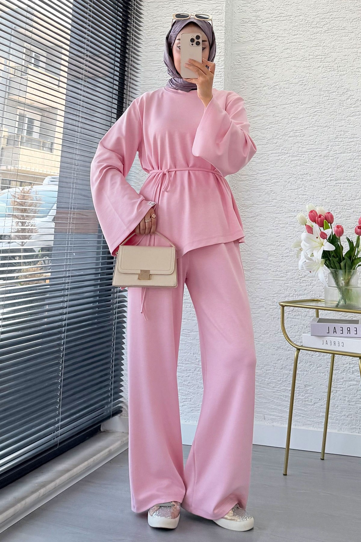 Premıum Asimetrik Kesim Double Face Takım - Pembe