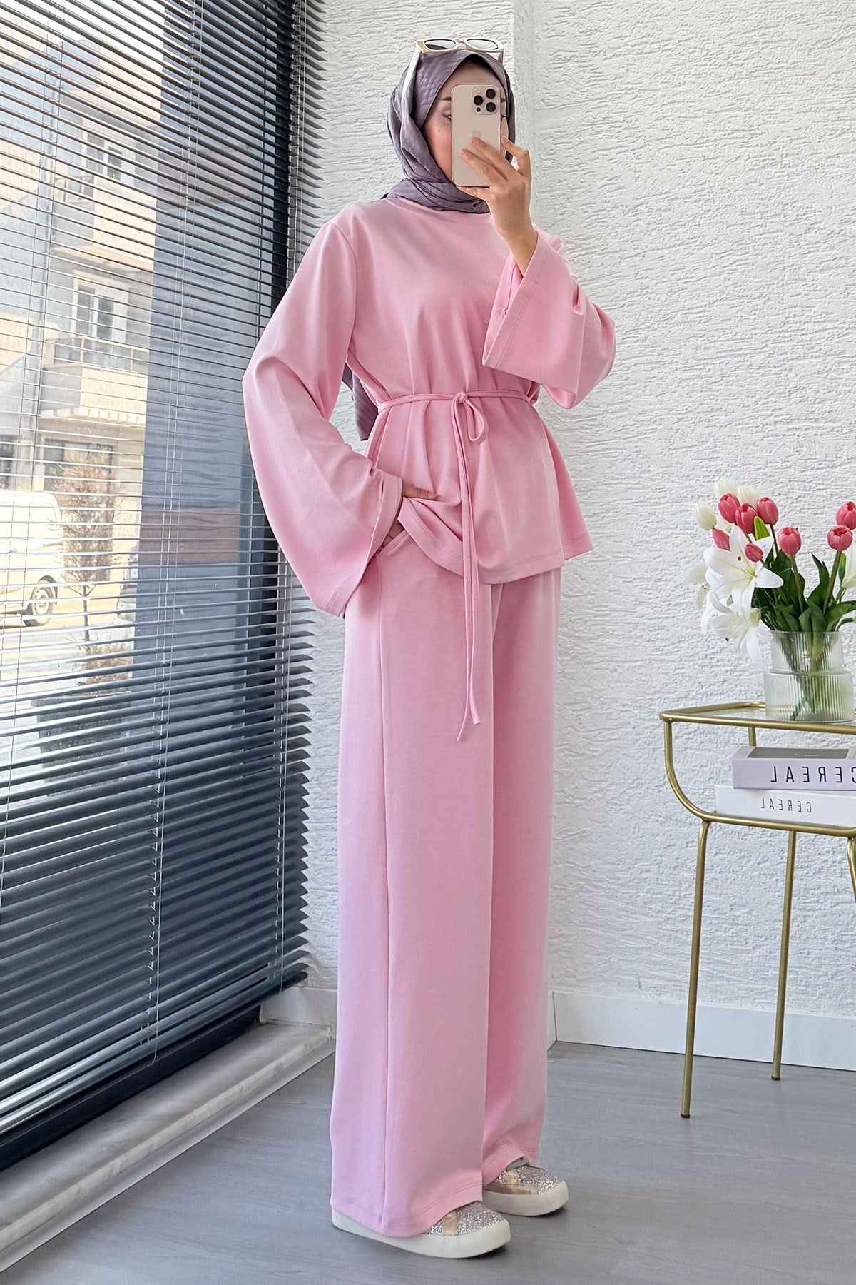 Premıum Asimetrik Kesim Double Face Takım - Pembe