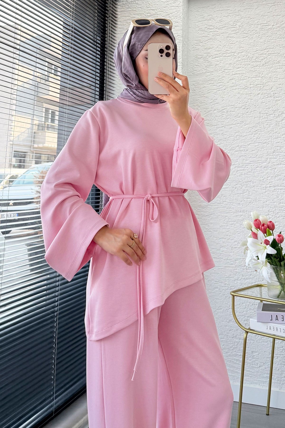 Premıum Asimetrik Kesim Double Face Takım - Pembe