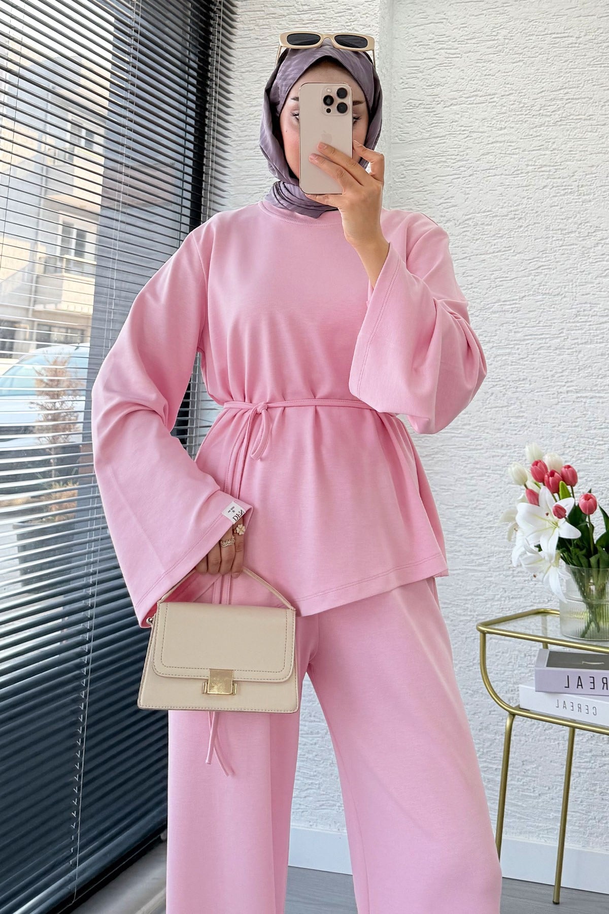 Premıum Asimetrik Kesim Double Face Takım - Pembe