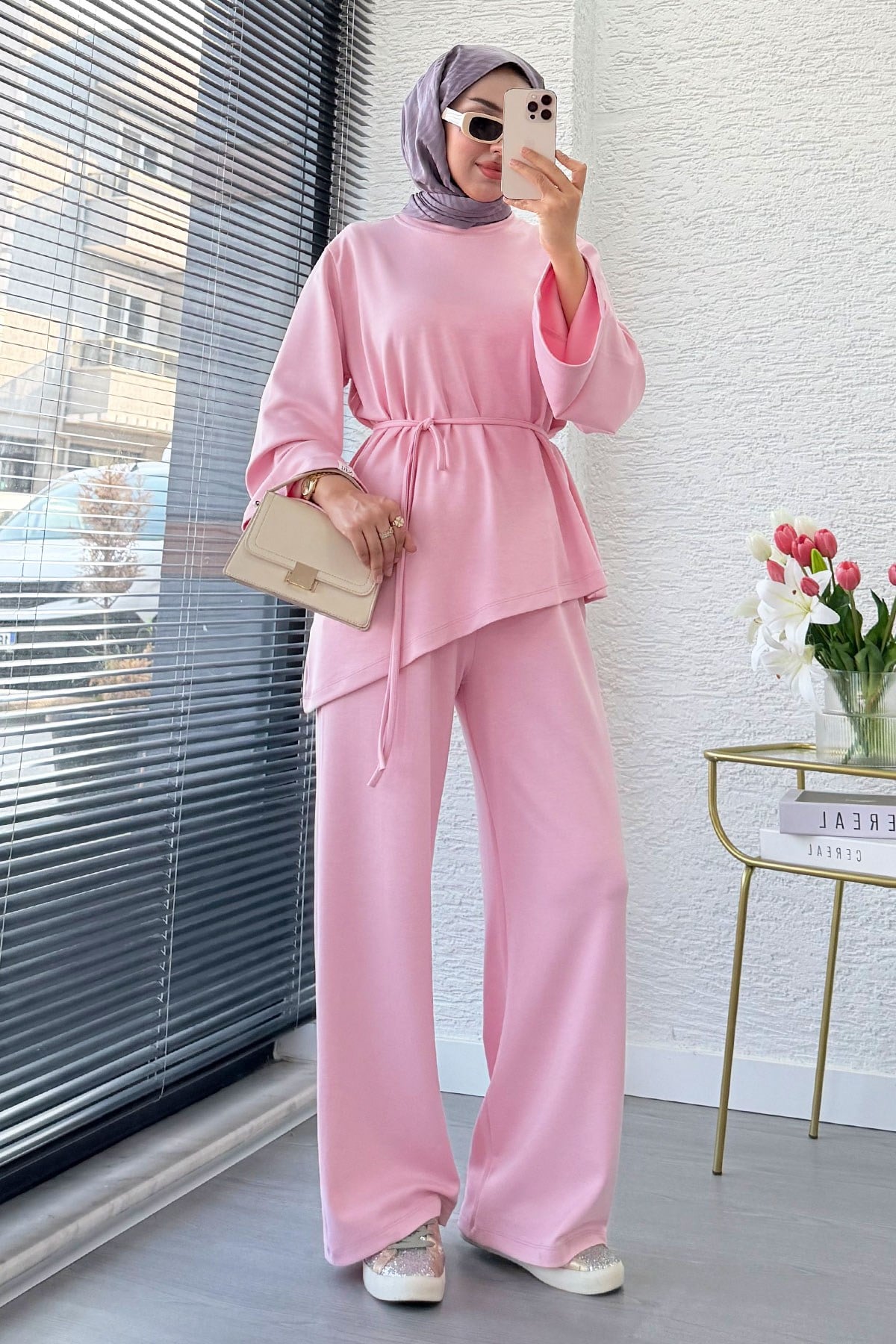 Premıum Asimetrik Kesim Double Face Takım - Pembe