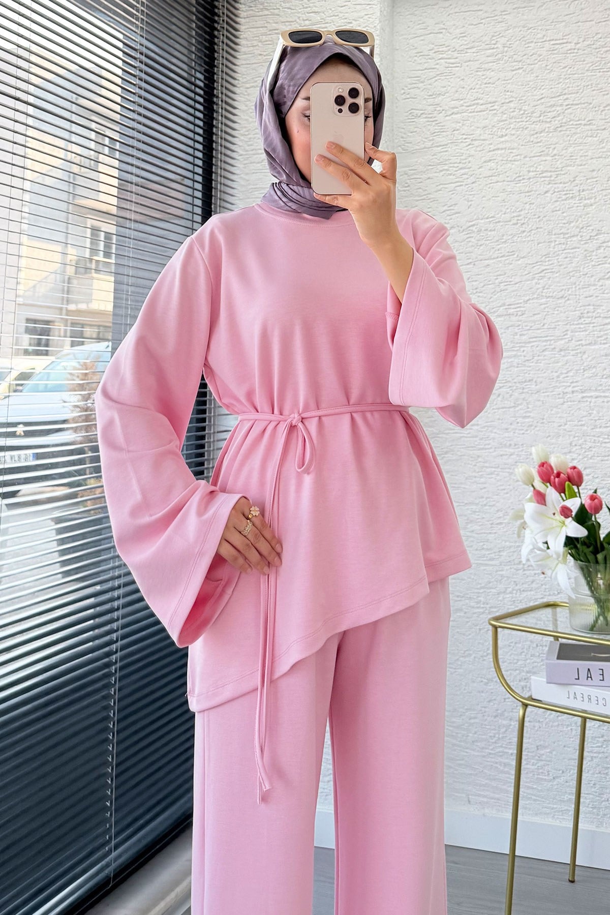 Premıum Asimetrik Kesim Double Face Takım - Pembe