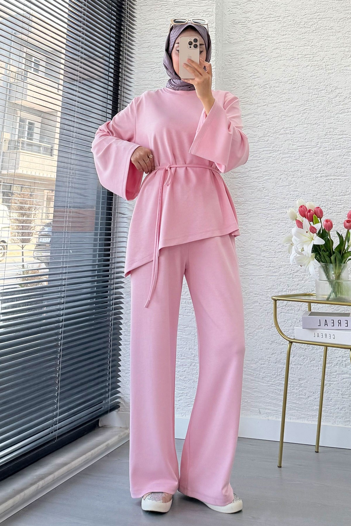 Premıum Asimetrik Kesim Double Face Takım - Pembe