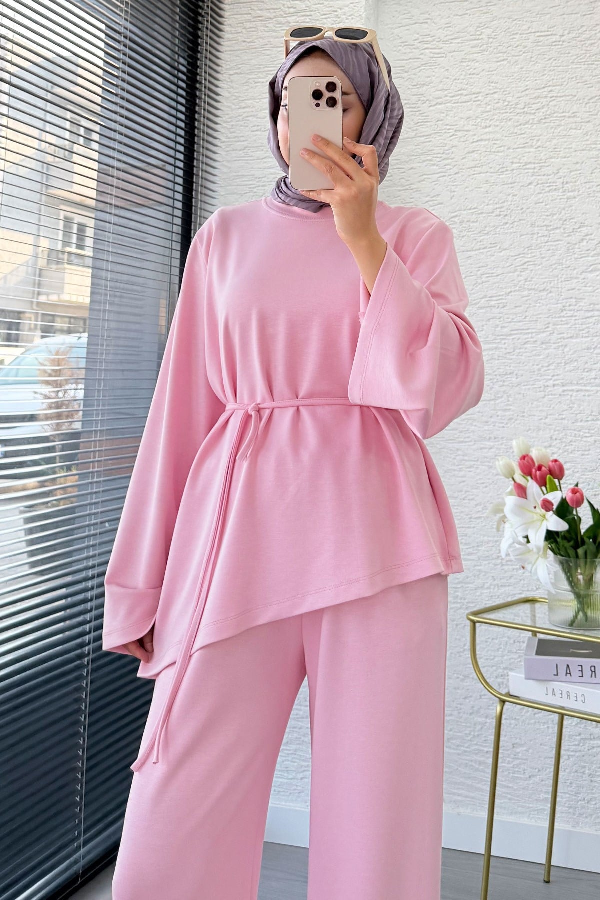 Premıum Asimetrik Kesim Double Face Takım - Pembe