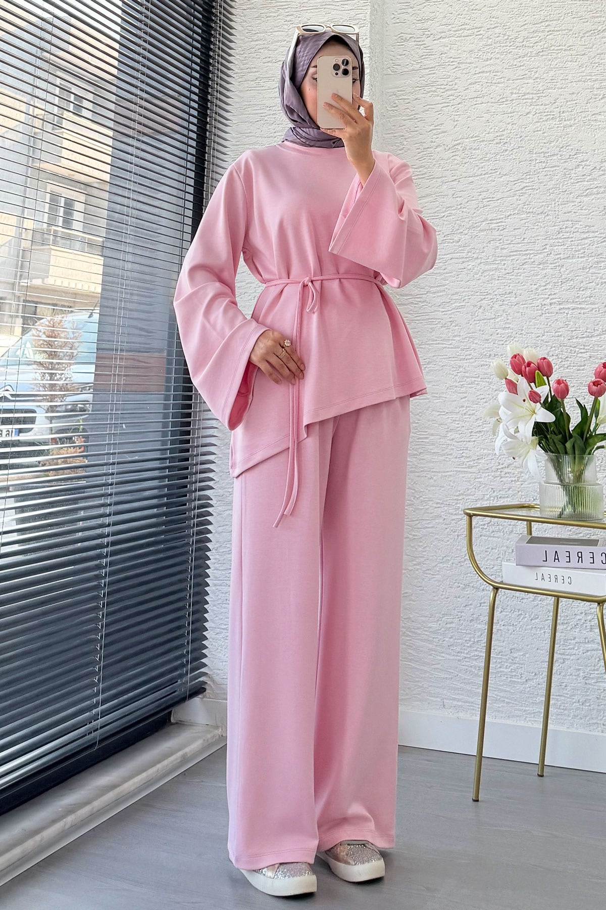 Premıum Asimetrik Kesim Double Face Takım - Pembe