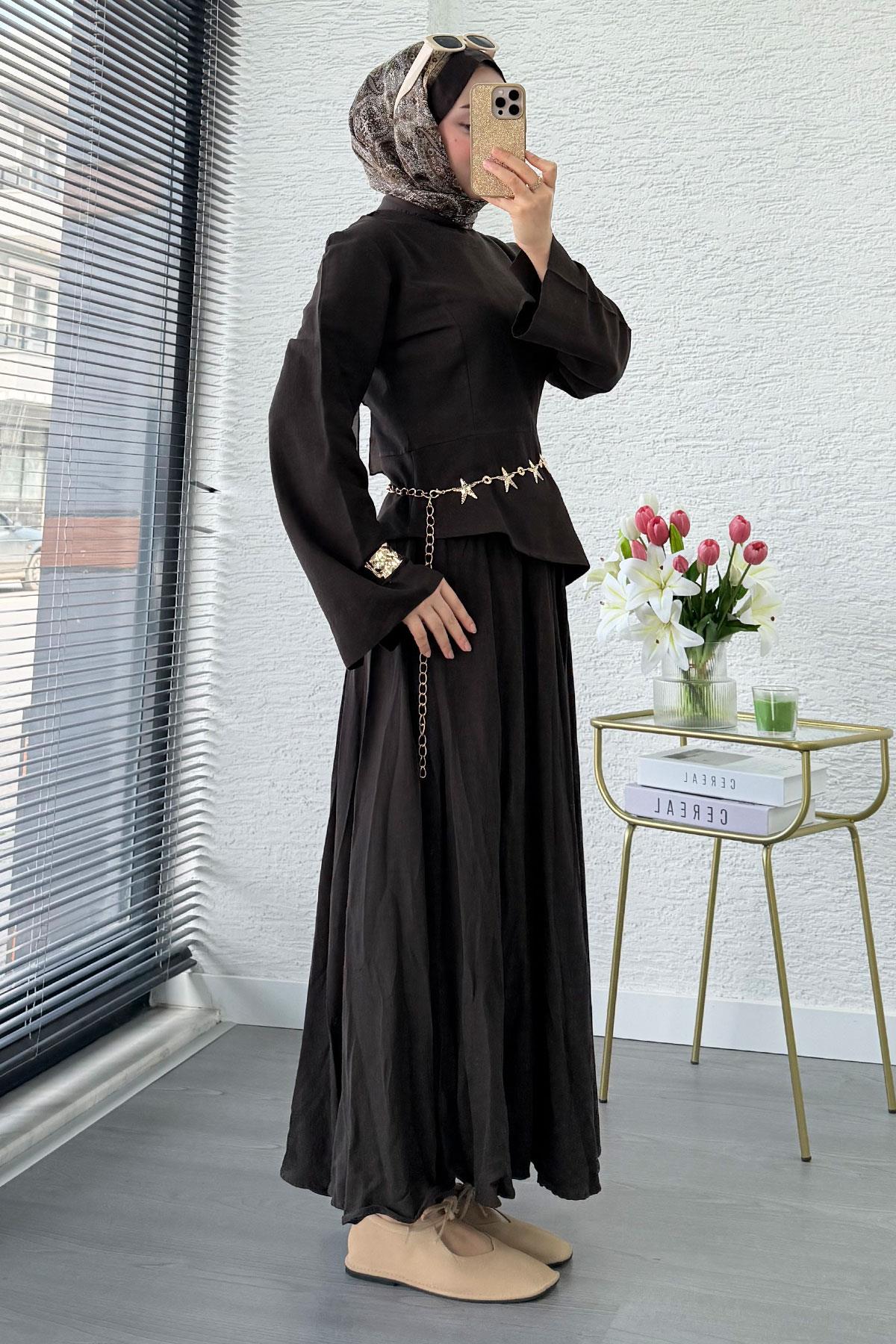 Premium Asimetrik Kesim Keten Etekli Takım - Acı Kahve