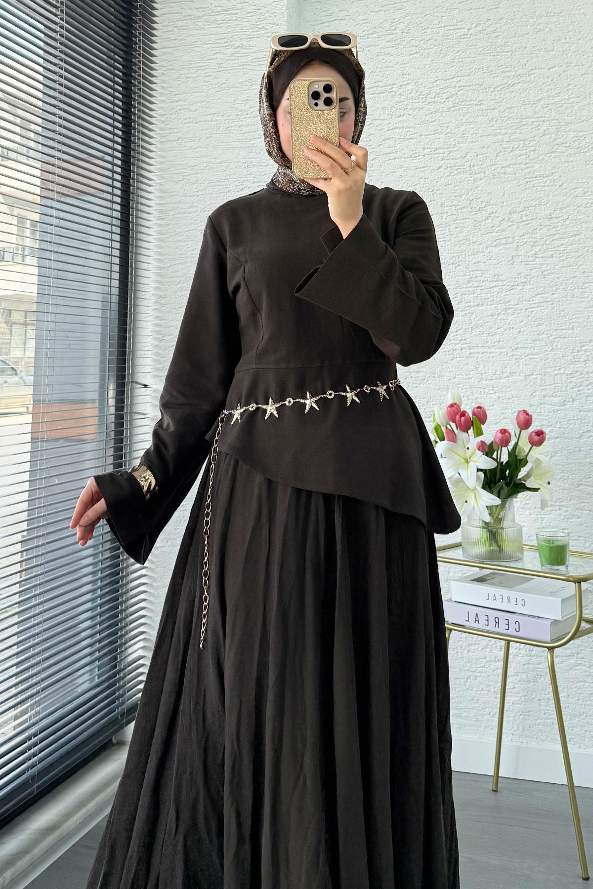 Premium Asimetrik Kesim Keten Etekli Takım - Acı Kahve