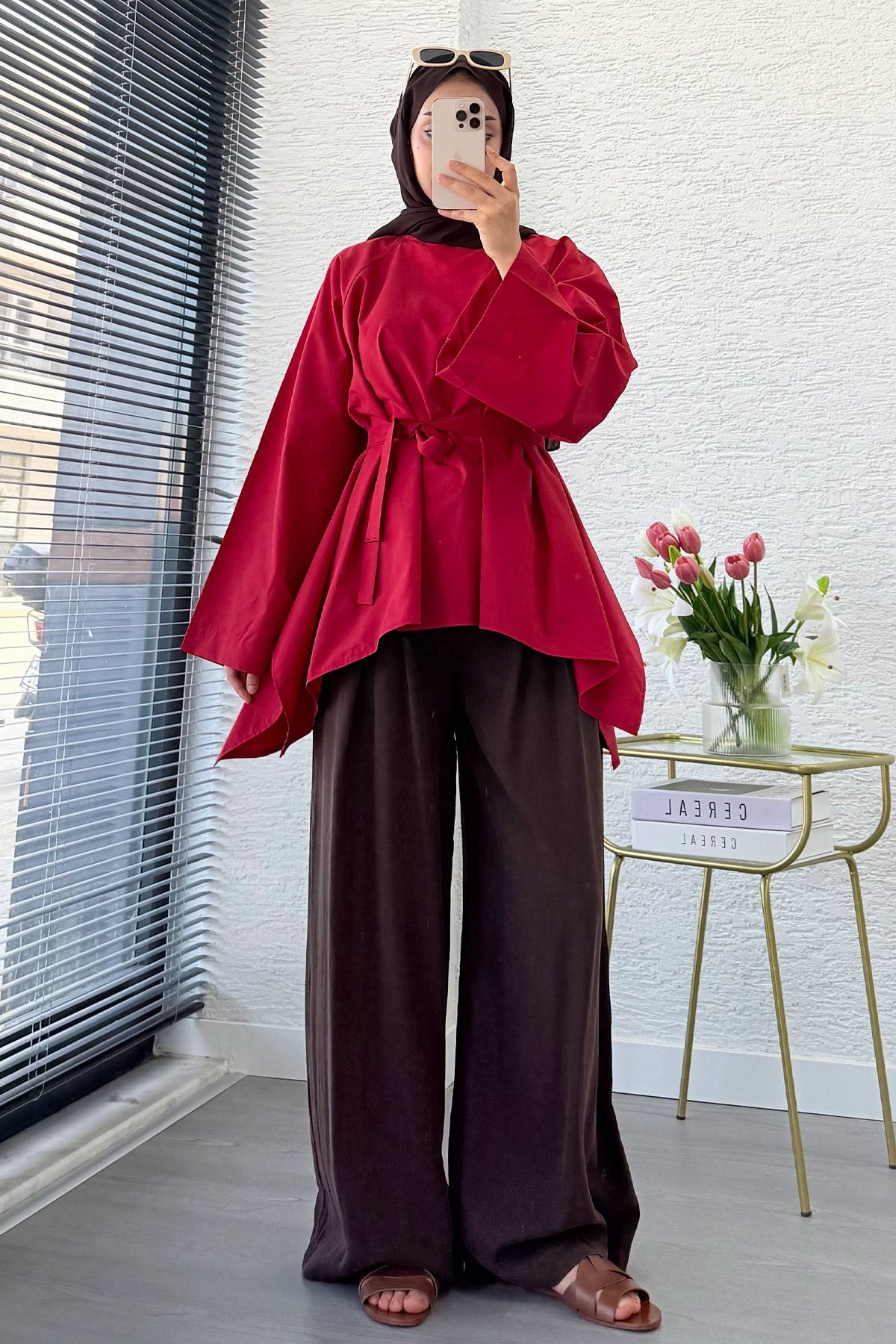 Premium Asimetrik Kesim Kuşaklı Poplin Bluz - Kırmızı