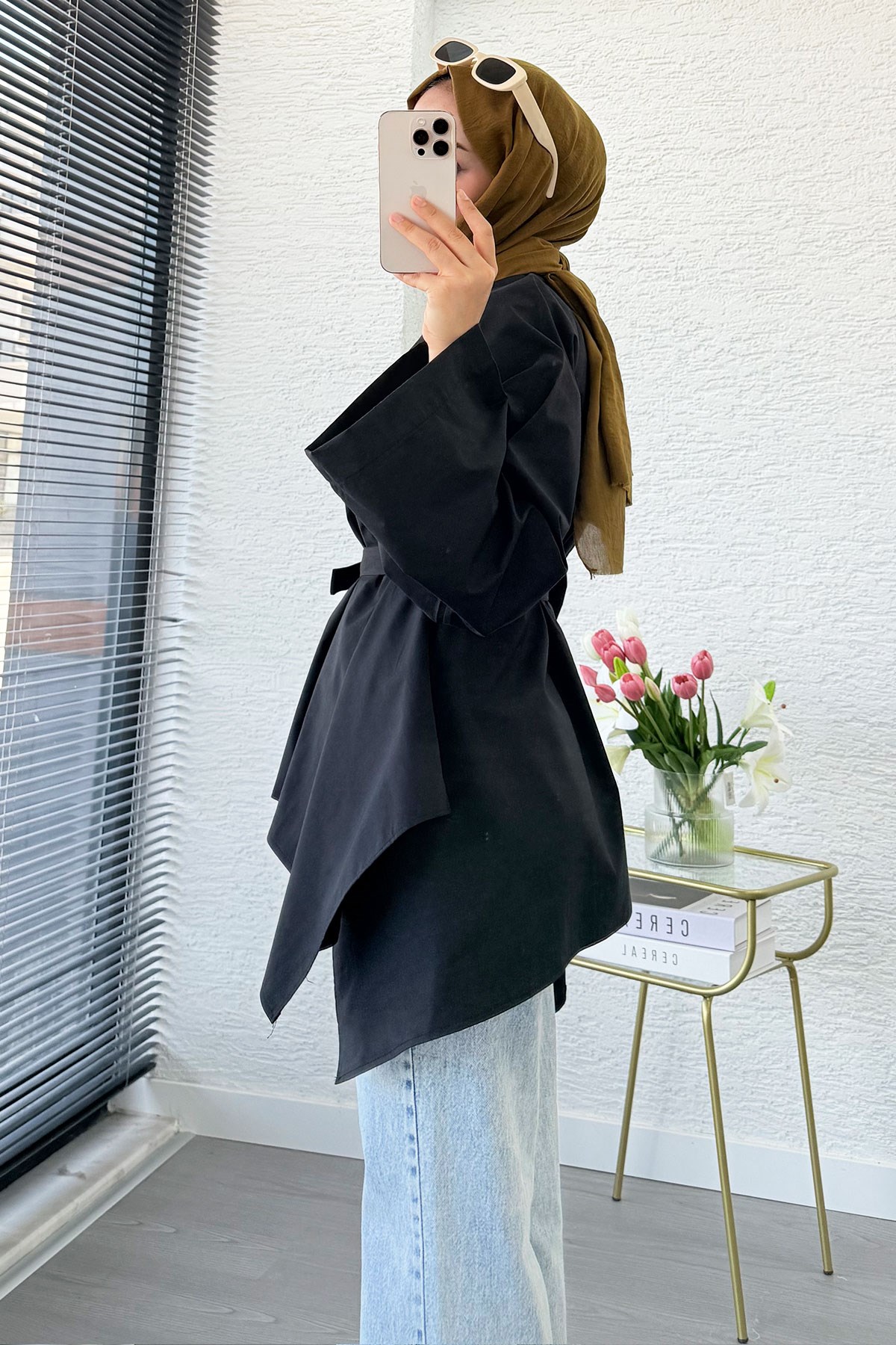 Premium Asimetrik Kesim Kuşaklı Poplin Bluz - Siyah
