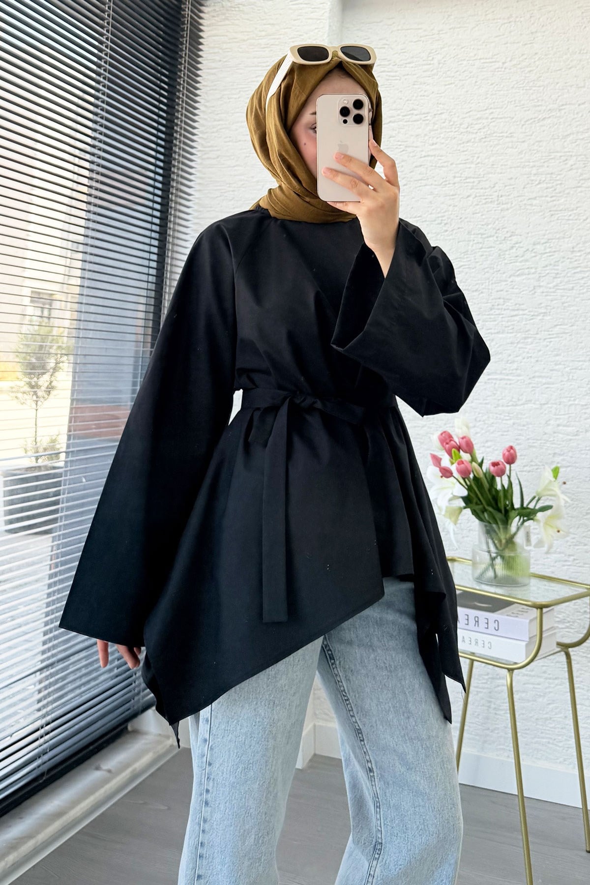 Premium Asimetrik Kesim Kuşaklı Poplin Bluz - Siyah