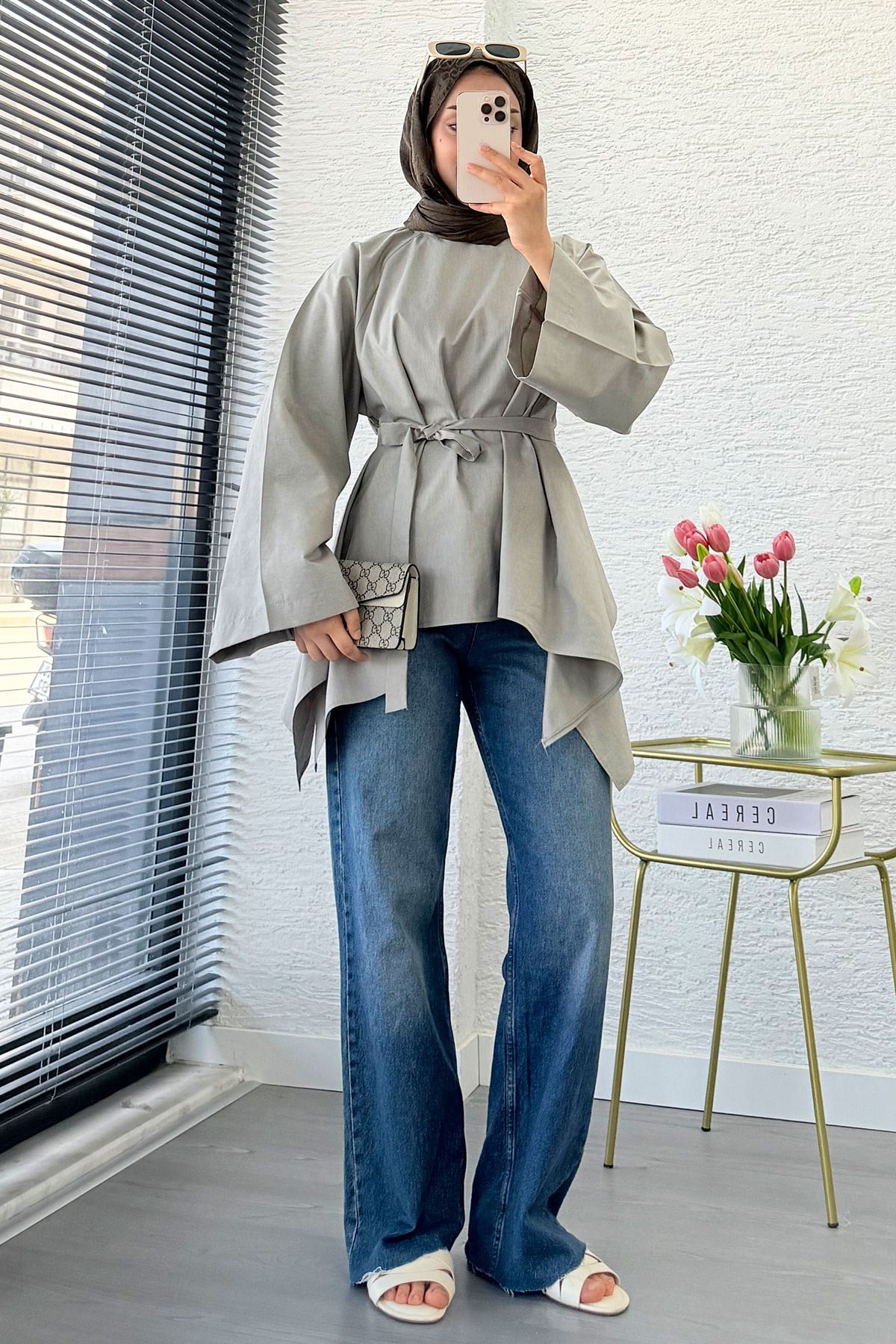 Premium Asimetrik Kesim Kuşaklı Poplin Bluz - Haki