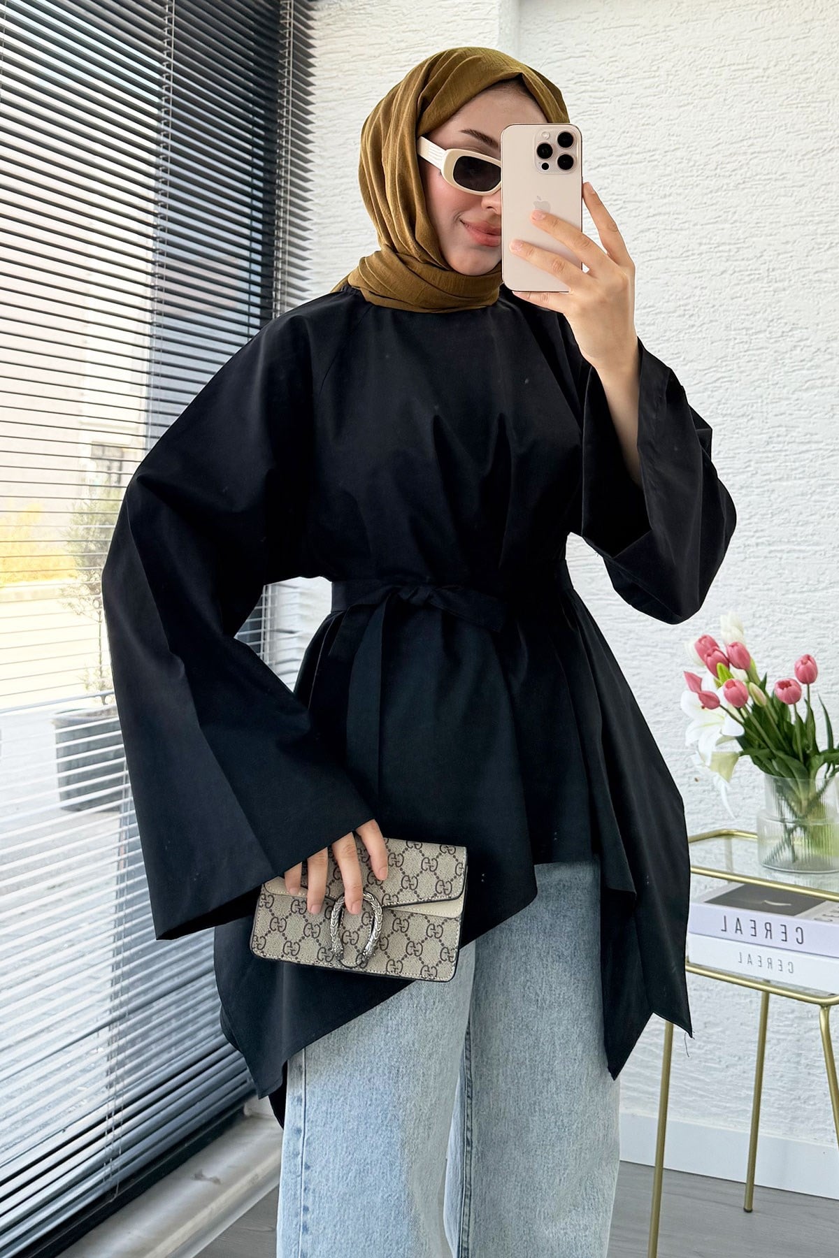 Premium Asimetrik Kesim Kuşaklı Poplin Bluz - Siyah