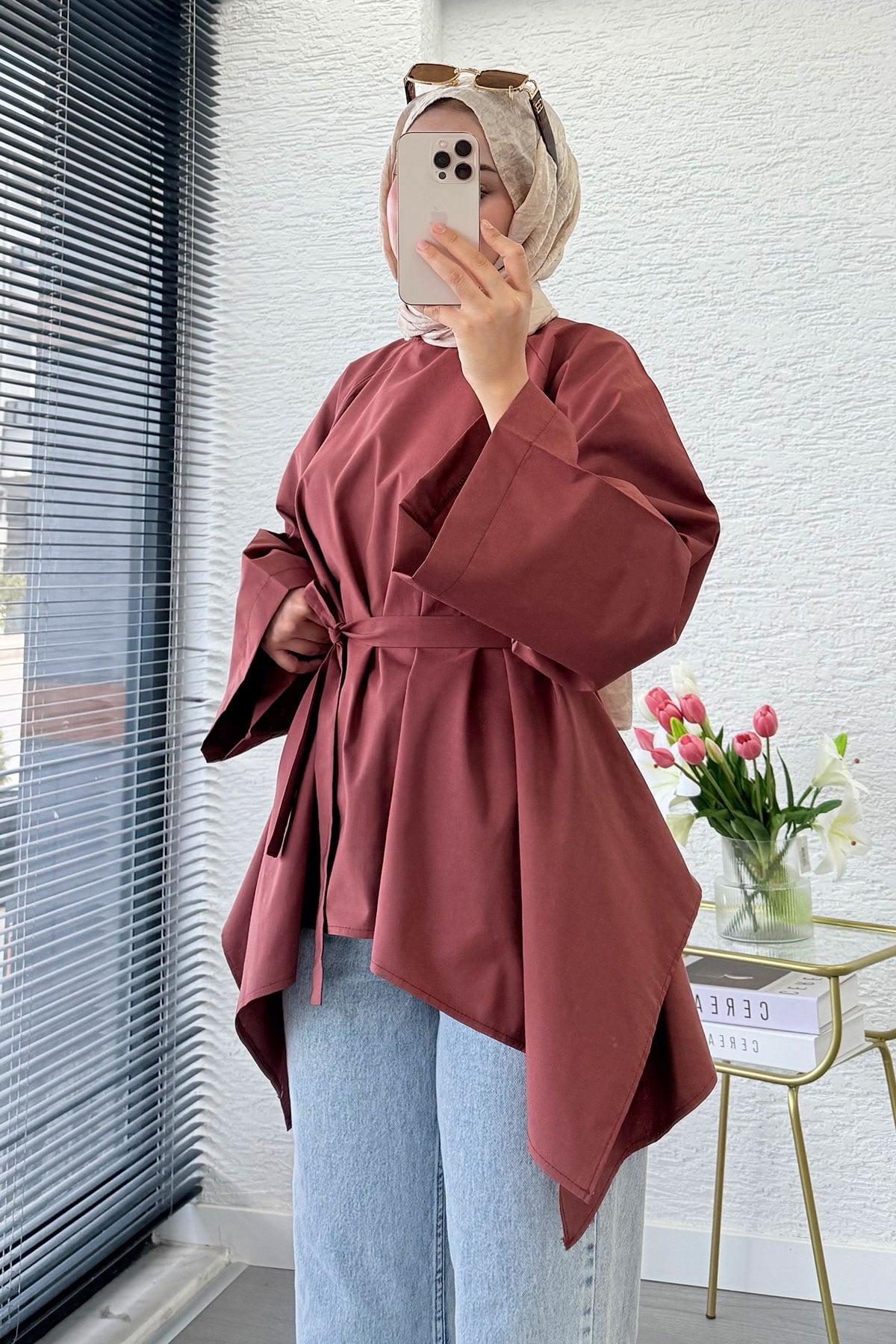 Premium Asimetrik Kesim Kuşaklı Poplin Bluz - Kiremit
