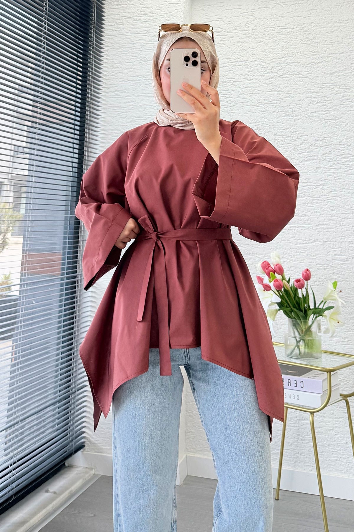 Premium Asimetrik Kesim Kuşaklı Poplin Bluz - Kiremit