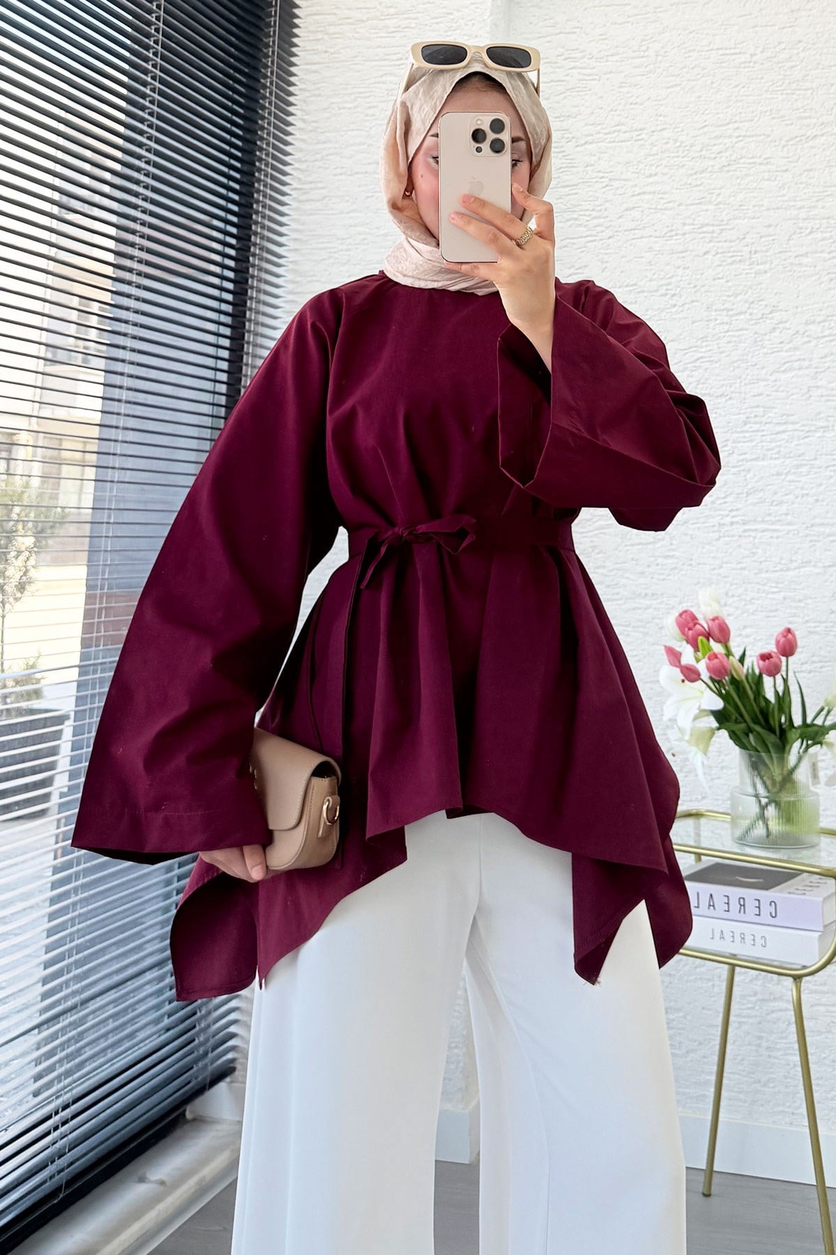 Premium Asimetrik Kesim Kuşaklı Poplin Bluz - Bordo