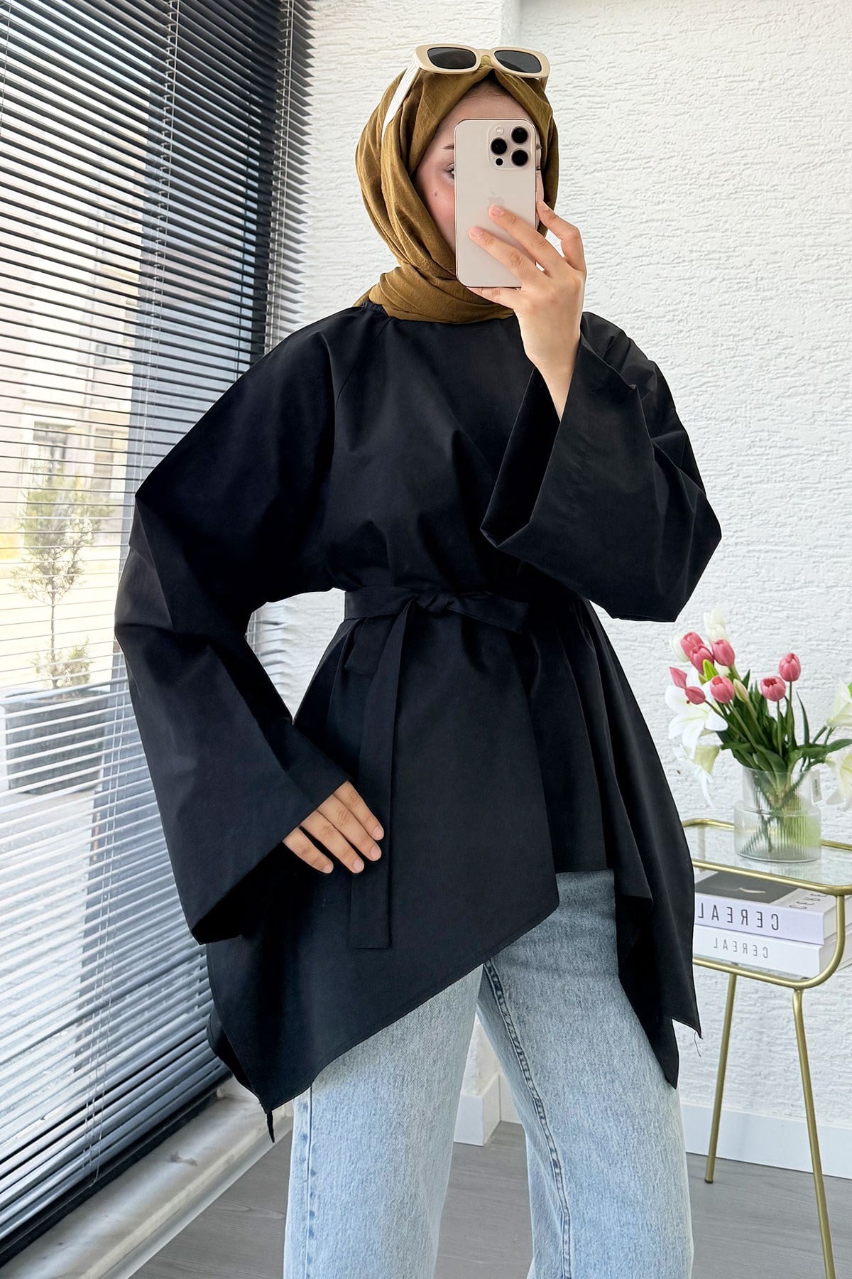 Premium Asimetrik Kesim Kuşaklı Poplin Bluz - Siyah