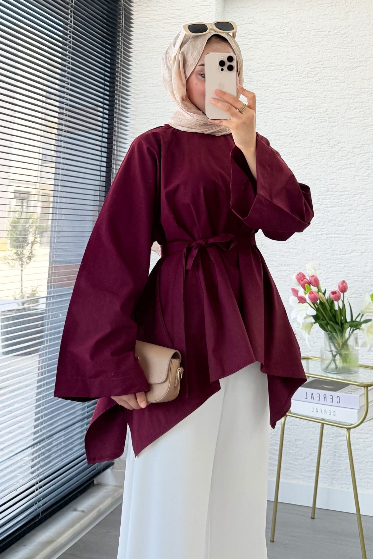 Premium Asimetrik Kesim Kuşaklı Poplin Bluz - Bordo