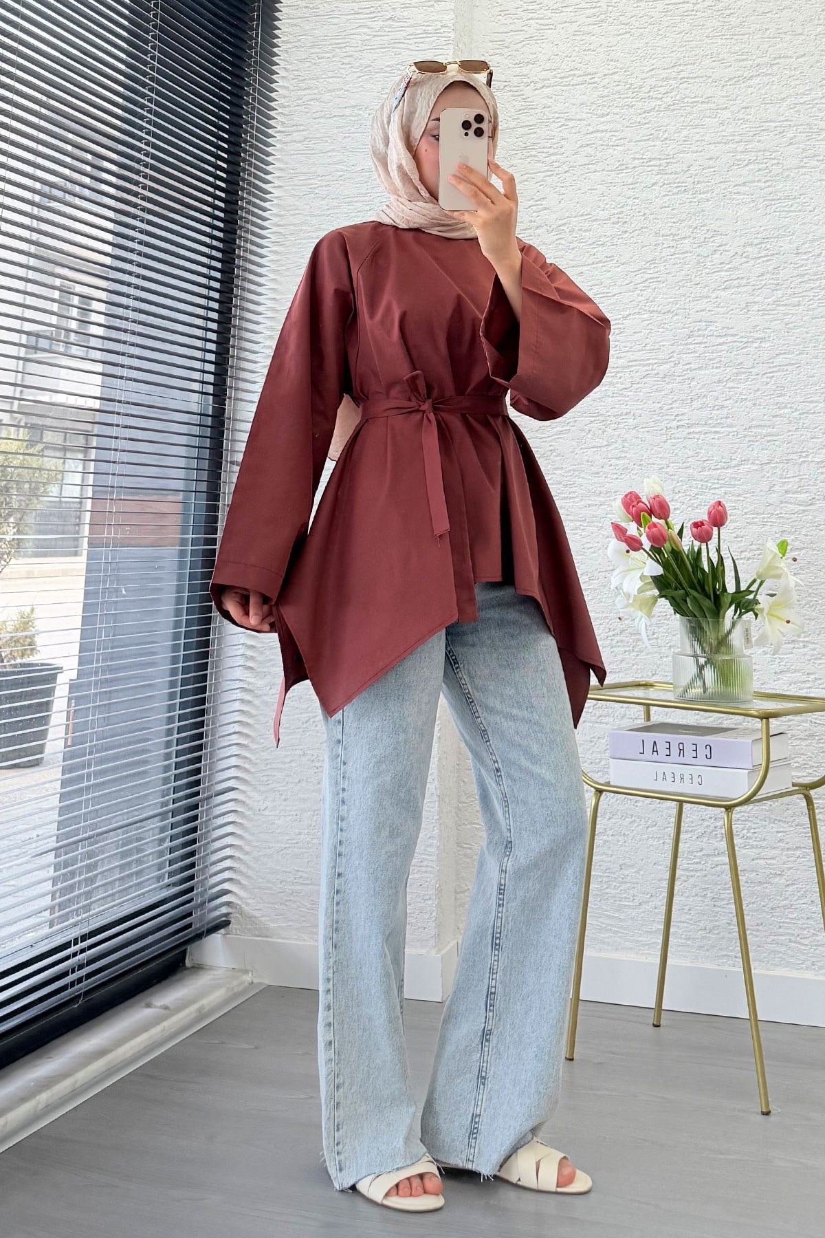 Premium Asimetrik Kesim Kuşaklı Poplin Bluz - Kiremit