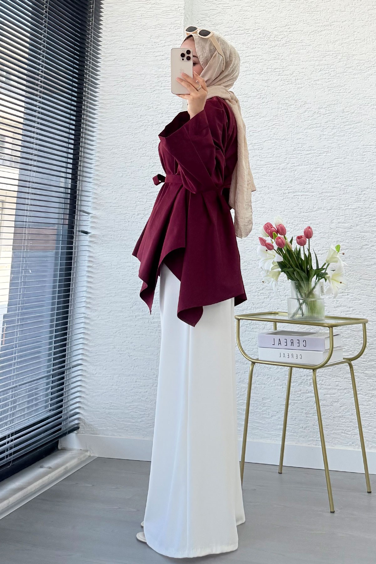 Premium Asimetrik Kesim Kuşaklı Poplin Bluz - Bordo