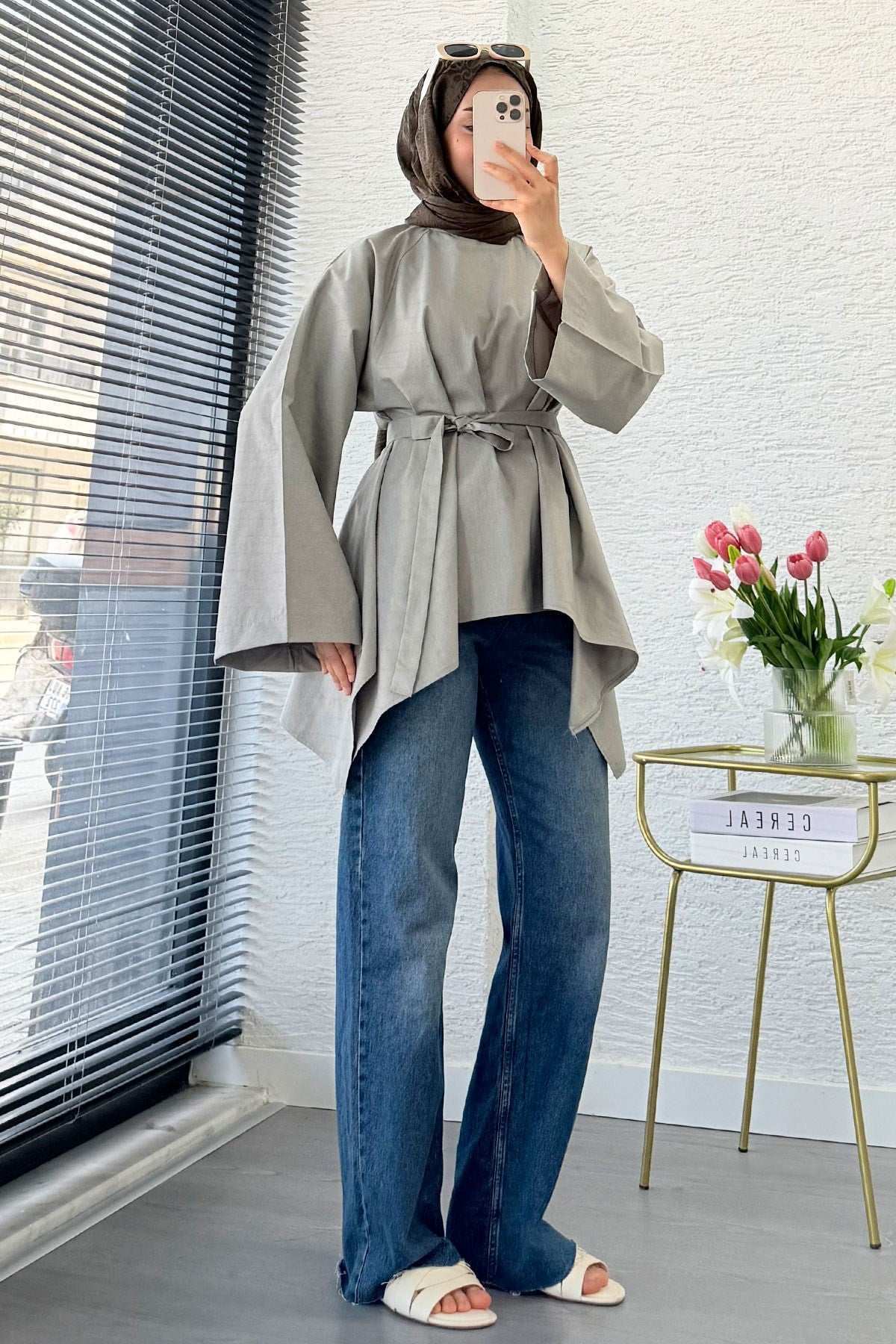 Premium Asimetrik Kesim Kuşaklı Poplin Bluz - Haki
